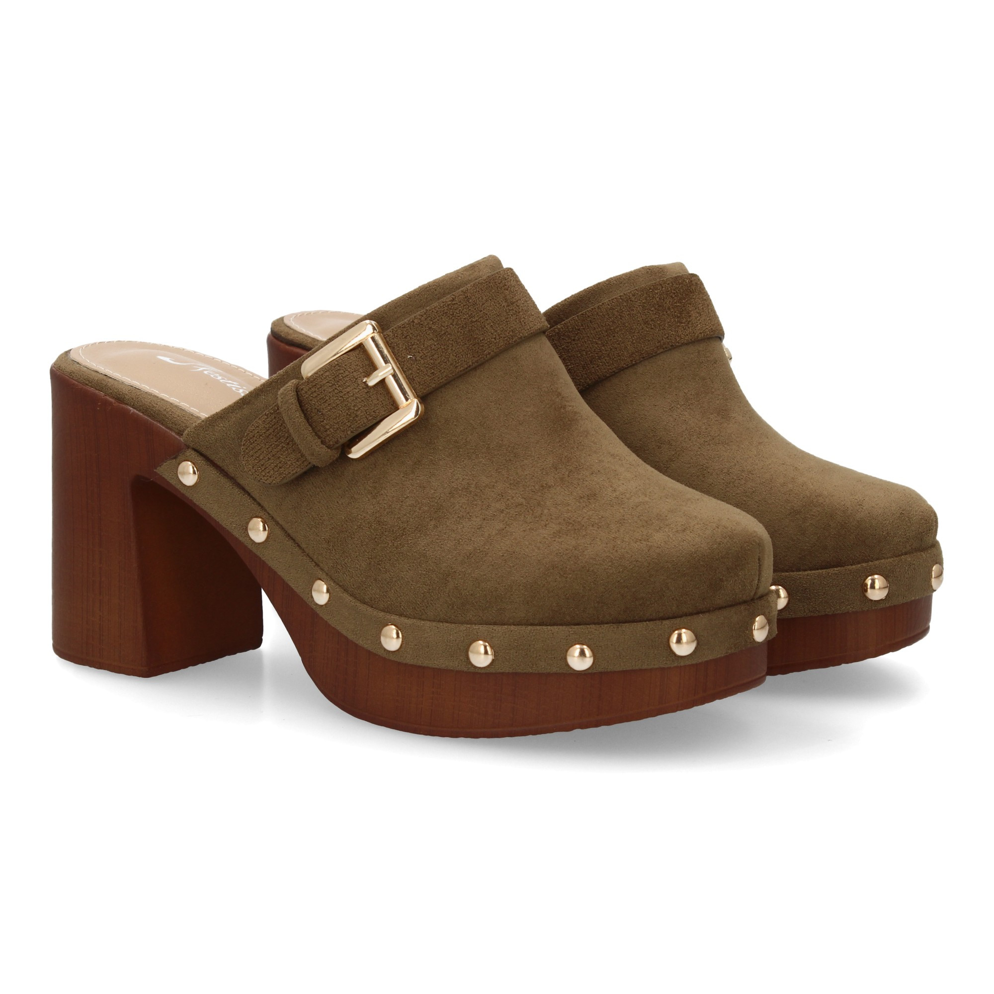 Wide Heel Platform Clog With Swedish Design For Women. Handcrafted Style, Synthetic Wood Sole, Closed Toe With Metal Studs And Decorative , Spring