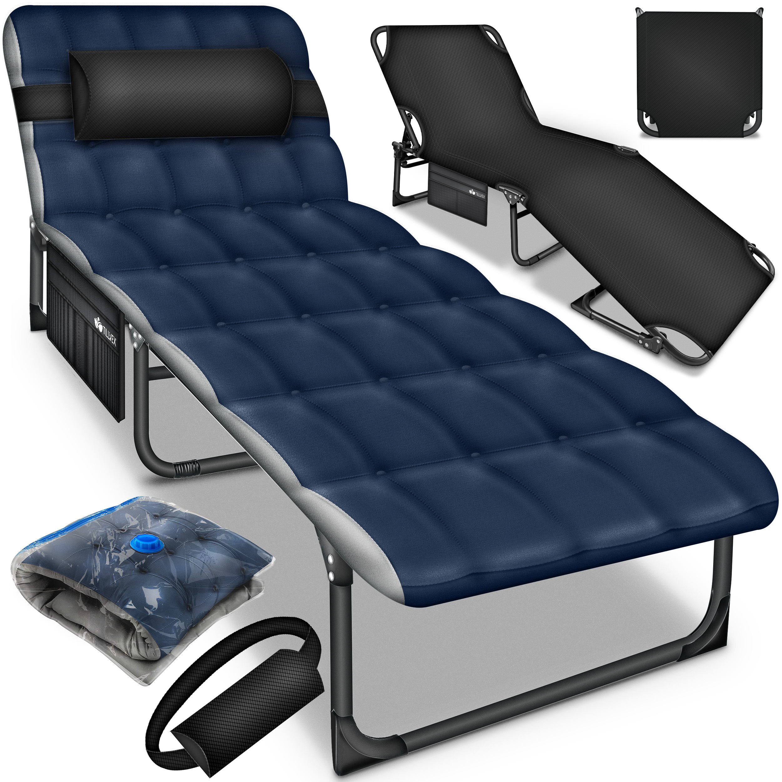 TEMU tillvex® Lit de camping pliable 190 cm avec coussin de nuque et poche latérale jusqu'à 280 kg chaise longue de camping chaise longue extra large