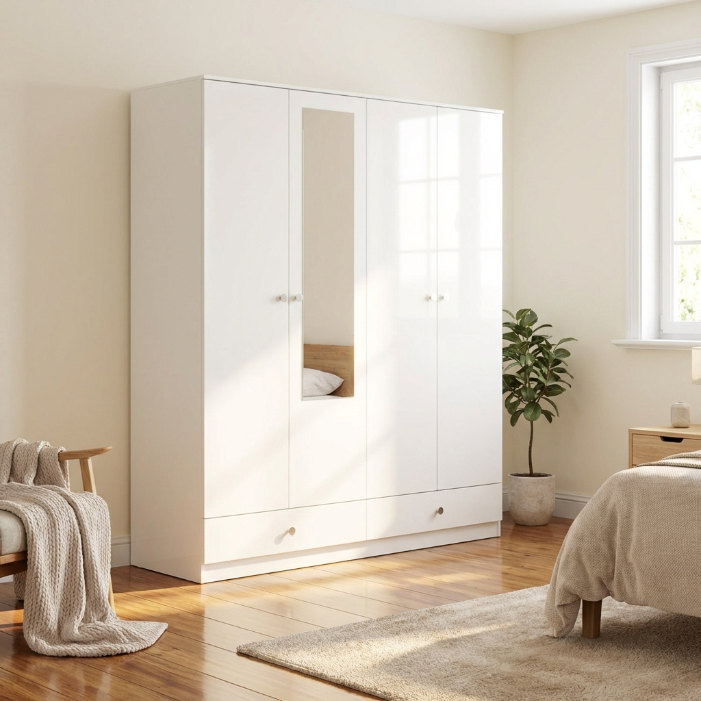 TEMU White Gloss 4 Door 2 Drawer Mirrored Wardrobe Bedroom Storage Furniture Hanging Rail