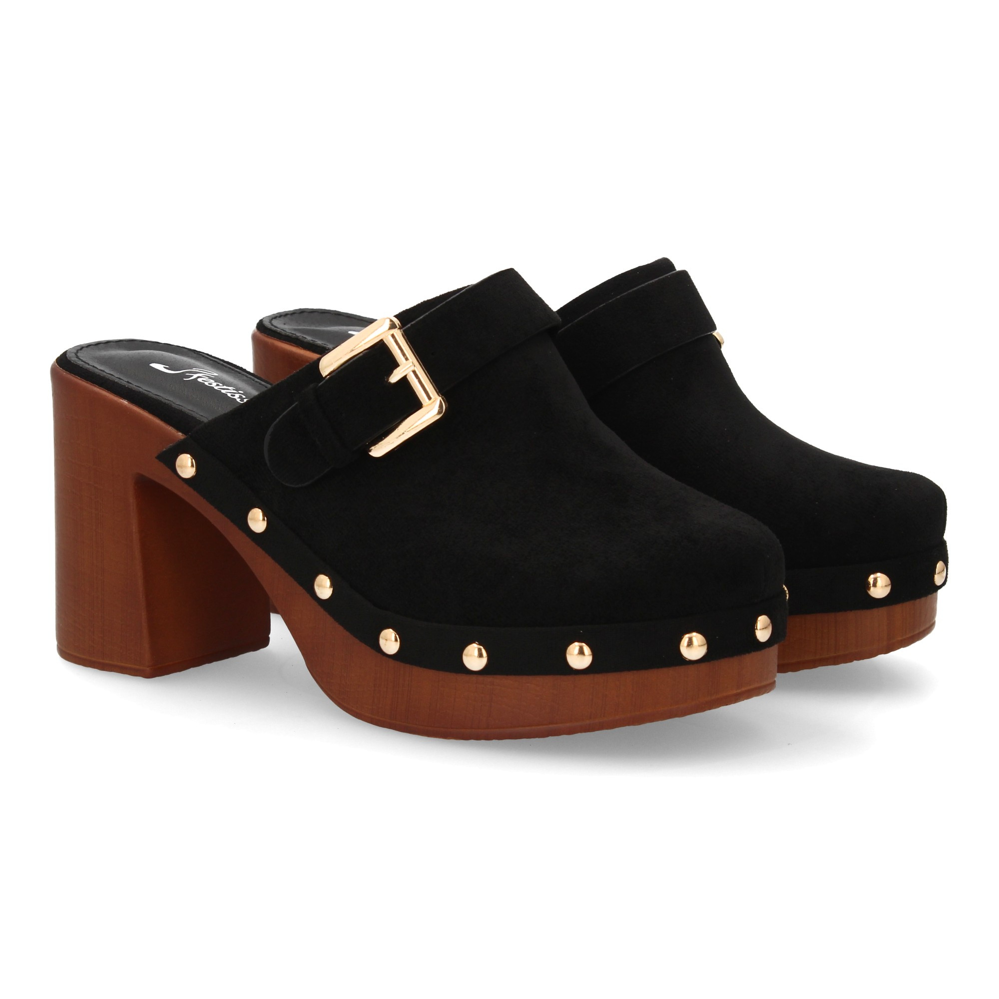 Wide Heel Platform Clog With Swedish Design For Women. Handcrafted Style, Synthetic Wood Sole, Closed Toe With Metal Studs And Decorative , Spring