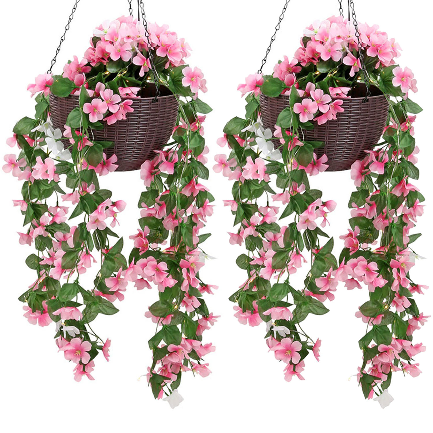 TEMU Set Of 2 Solar-powered Artificial Floral Outdoor Hanging Baskets With 80 Leds, Brown Rattan Effect Planters For Patio, Lawn, Garden, And