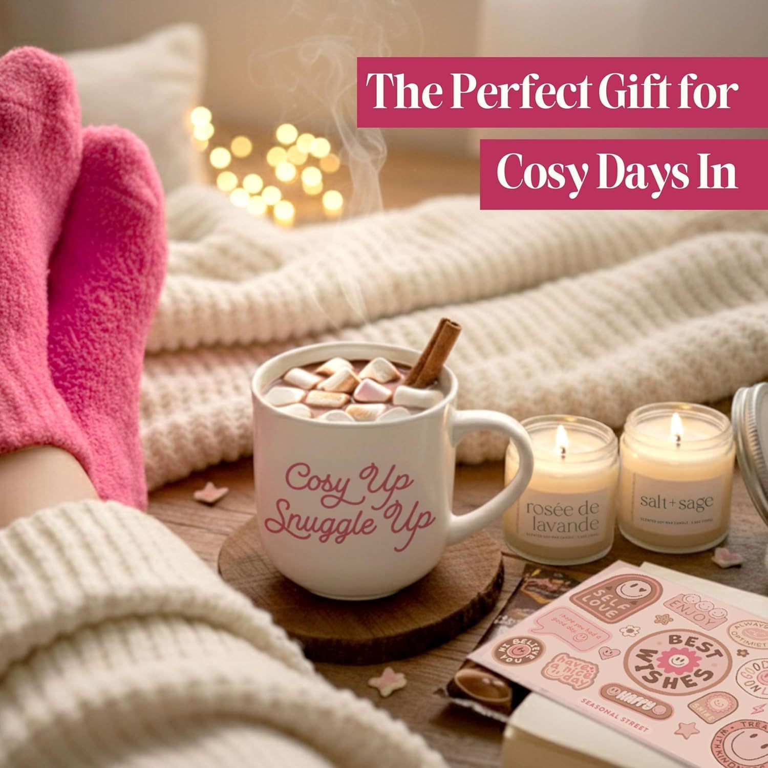mothers day gift for her birthday   gifts for women with scented candle pink socks hot chocolate sachet best   card self   gifts for mum hot chocolate gift set details 3
