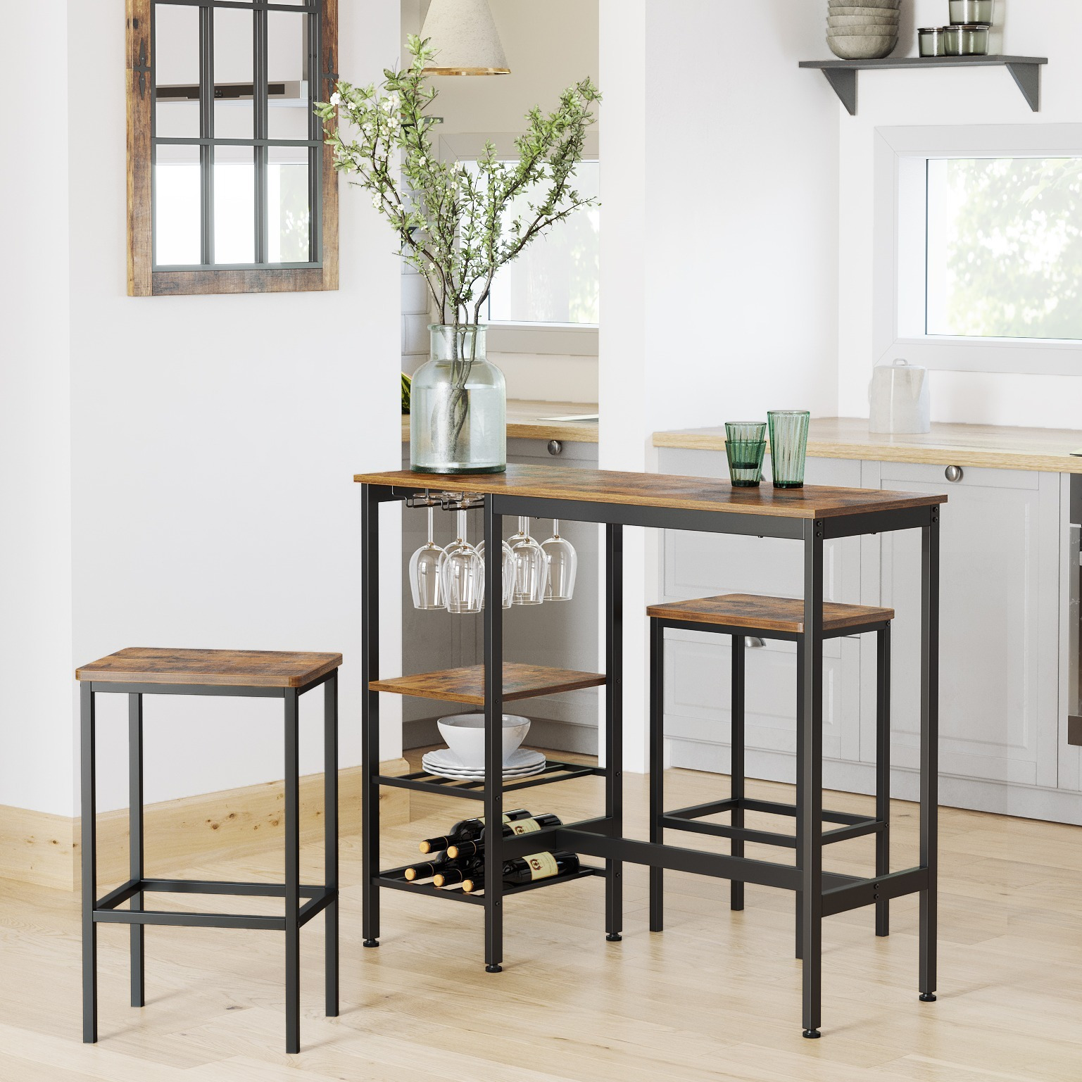 Image of Bar Table, 110 X 40 X 90 Cm, With Wine Glass And Bottle Holders, Standing Table, Brown-black