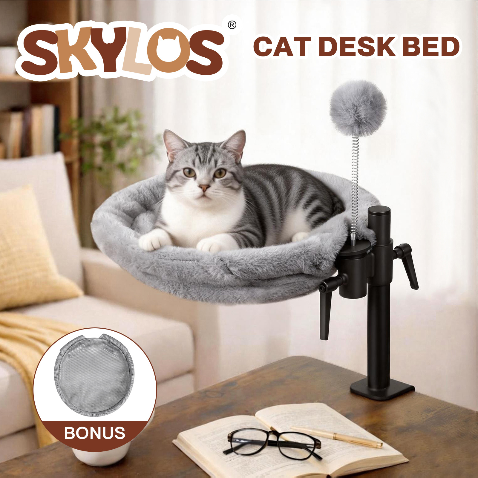 TEMU 360° Rotating Adjustable Cat Bed Hammock For Desk, Height Adjustable Cat Perch With Full Metal Frame With 2 Interchangeable Covers, Space-saving
