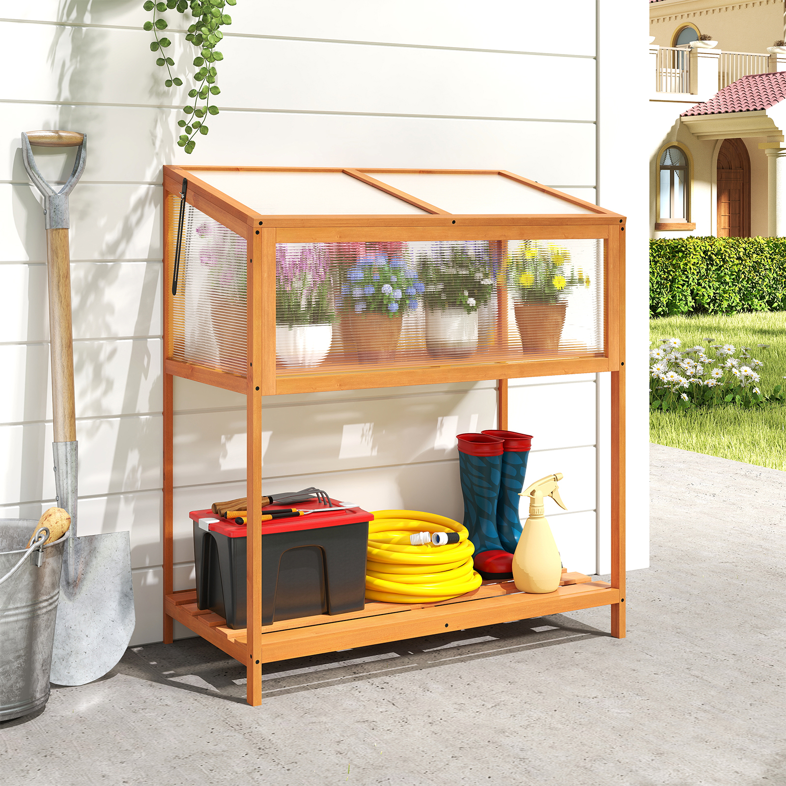 Wood Cold Frame Greenhouse, Raised Flower Planter Protection With Transparent Openable Roof & Slatted Storage Shelf, Space- Indoor Outdoor For Garden Sunroom Balcony