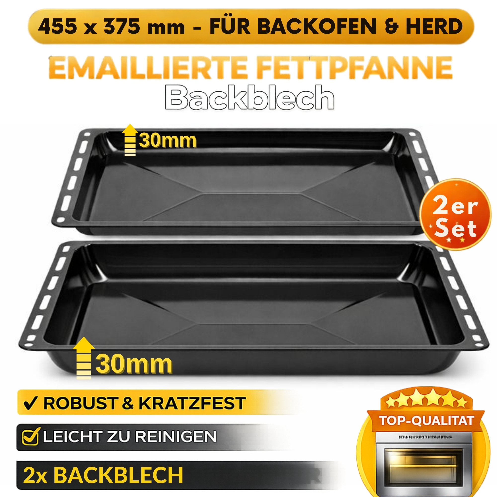 Image of Universal Baking Sheet / Frying Pan 455 × 375 Mm - Enamelled, And Scratch-resistant, Easy To Clean - 30 Mm Or 60 Mm - 1/2 Set