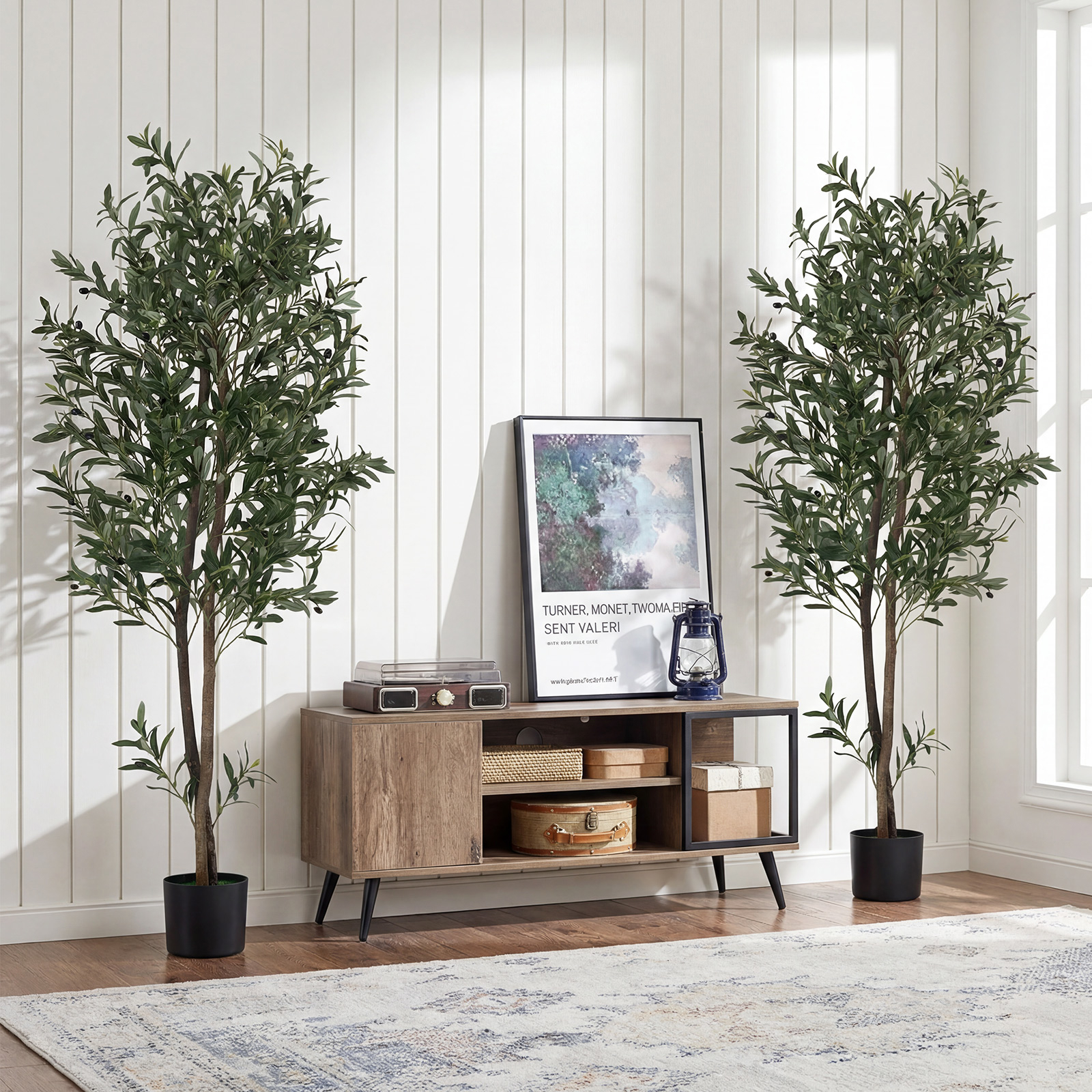 Image of Set Of 2 Tall Faux Greenery Plants, Artificial Olive Tree Realistic Fruits & , , Sturdy Pe Trunk, Fabric Leaves, Modern Fake Potted Trees For Living Room, Bedroom, Office