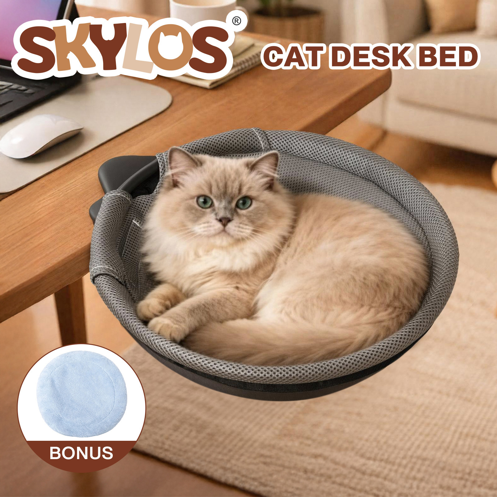 TEMU 360° Rotating Cat Bed Hammock For Desk, Sturdy Metal Frame Cat Perch With Soft Plush & Mesh Covers, Space-saving Design For Home Office & Gaming