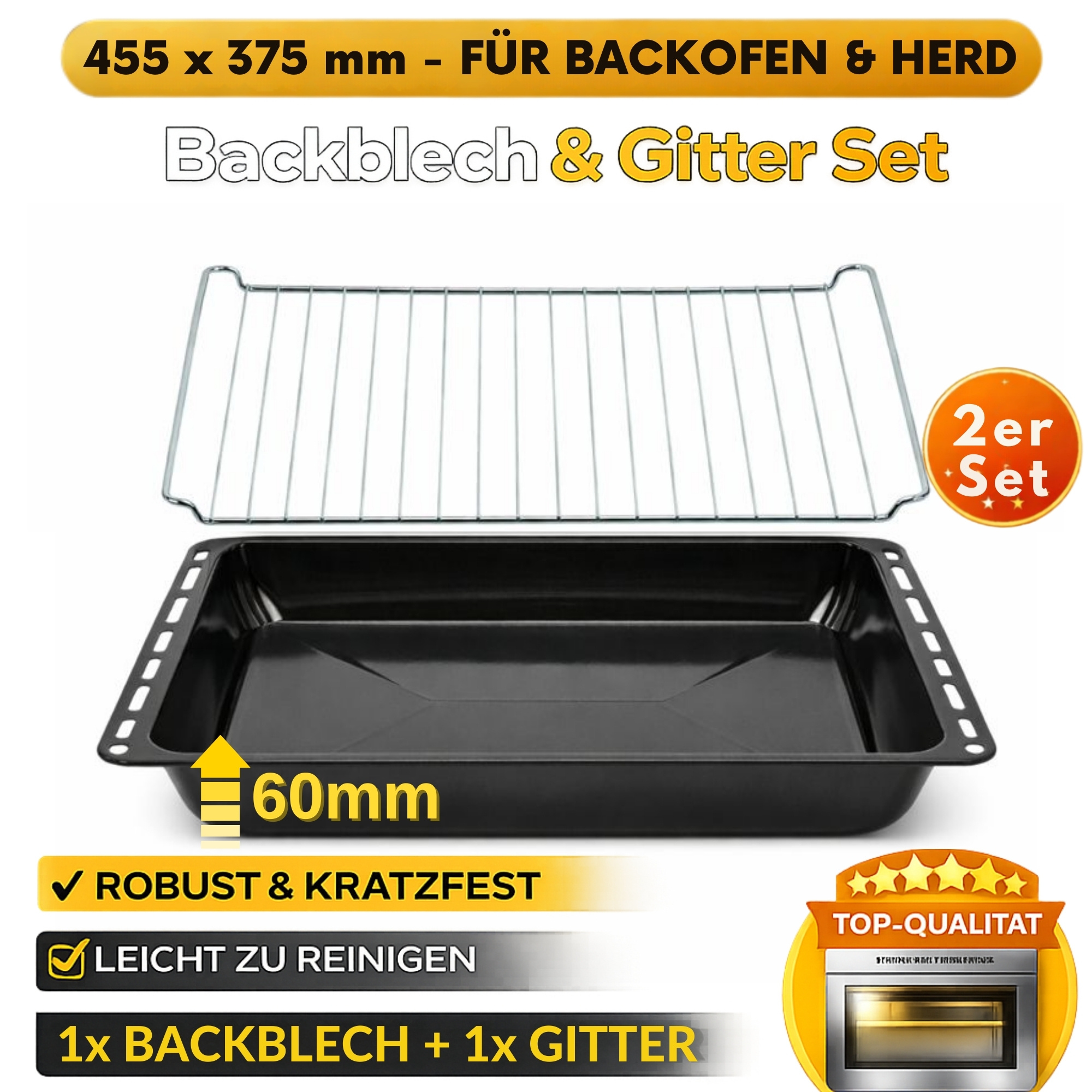 E-shop Emaillierte Fettpfanne, 45.5cm verchromter Backofenrost und Backblech – passend für Backofen & Herd, kratzfest und rostfrei gefertigt.