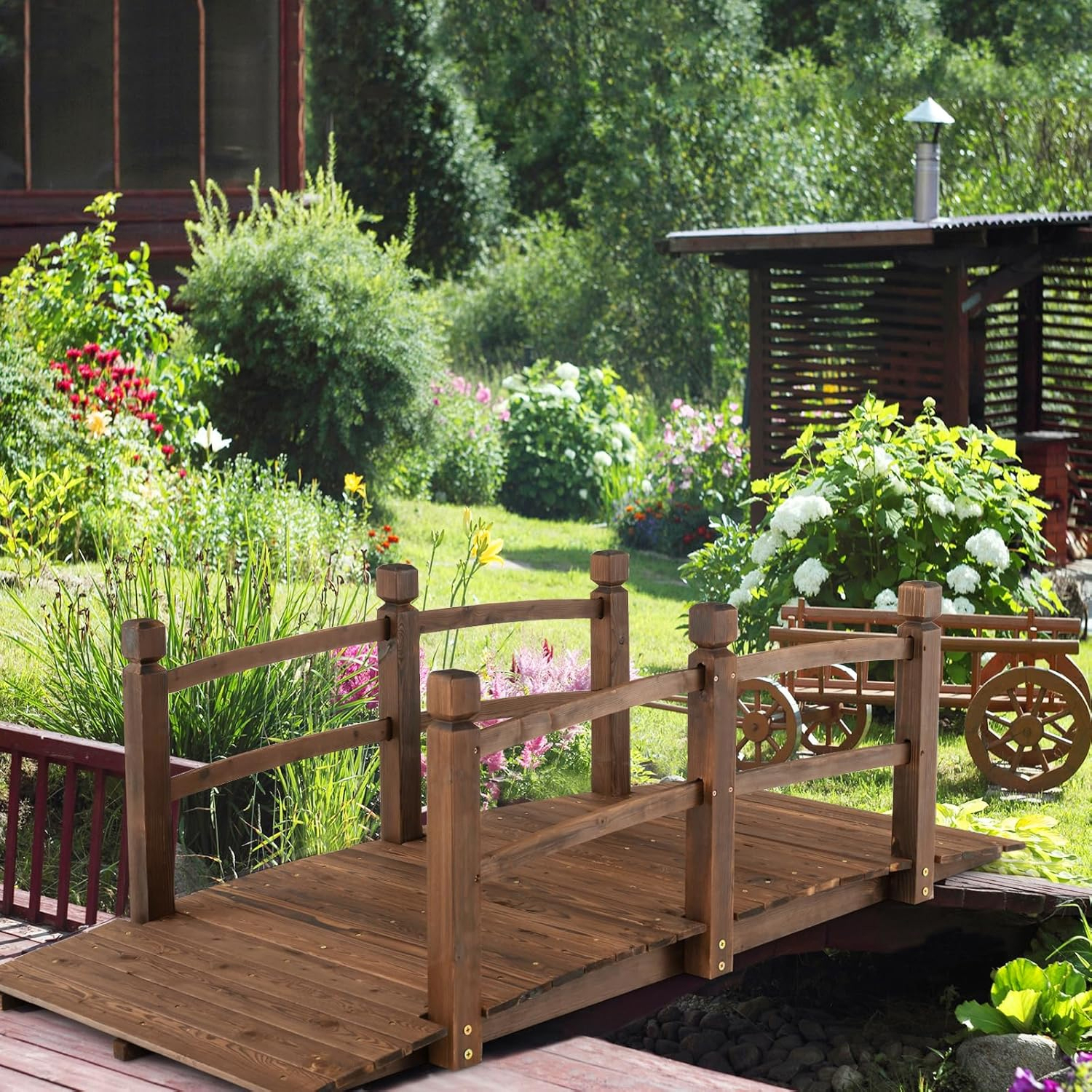 Image of 170cm Wooden , Carbonized Decorative Pond With Safety Rails, 180 Kg Capacity, Outdoor Wooden Arch Bridge For Garden, Patio, Yard, Farm