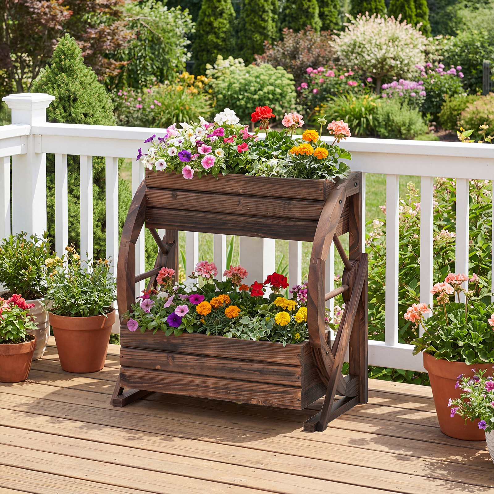 Image of 2-tier Raised Garden Bed, Rustic Planter With Drainage Holes & Semi-wheels For Vegetables Herbs, Indoor Outdoor Decorative Flower Box Pot Stand For Patio Yard Balcony