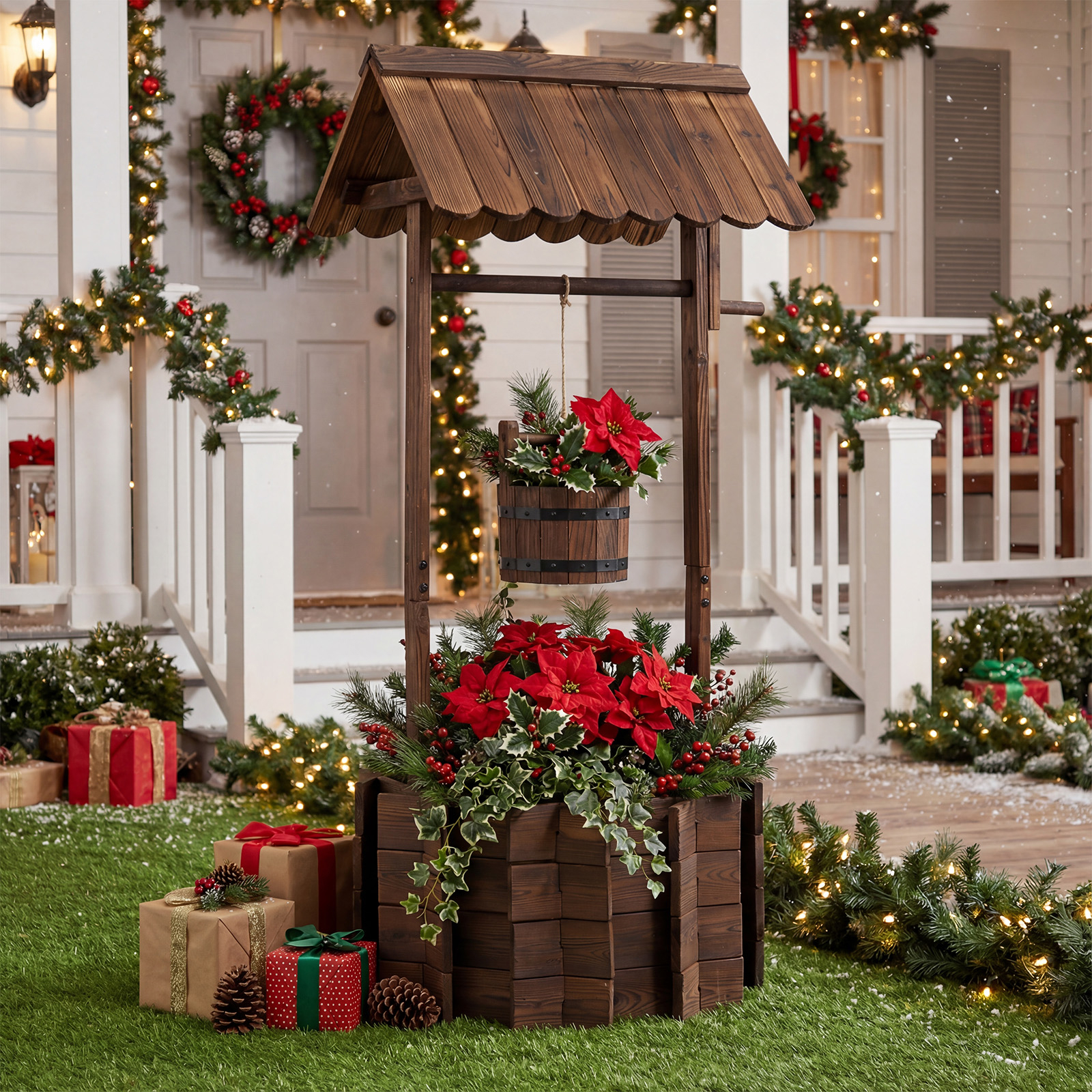 Image of Outdoor Rustic Wishing Well Planter, Wooden Wishing Well Planter With Hanging Bucket, Wishing Well Flower Planter For Patio Garden Home Decor, Easy Assembly