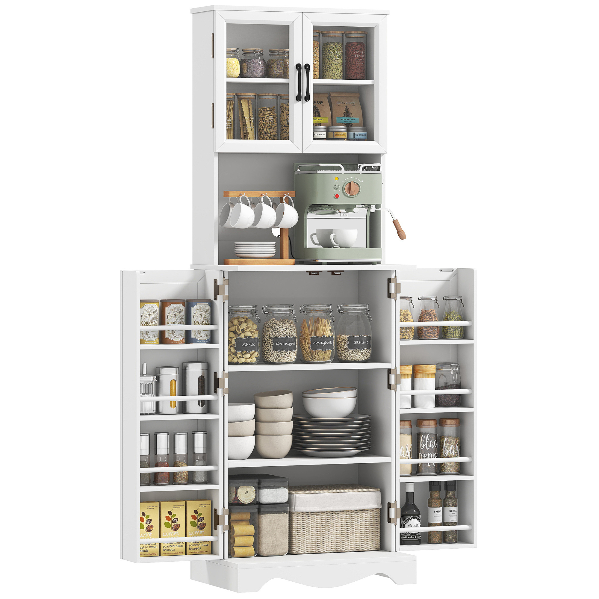 TEMU HOMCOM Buffet haut cuisine, armoire de cuisine, vaisselier vitrine, 4 portes, 8 porte-épices, plan de travail, étagère réglable, meuble de