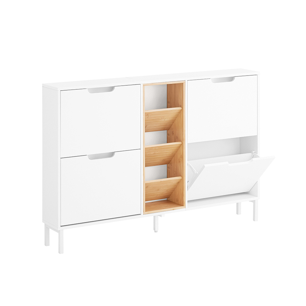 E-shop Schuhschrank Schuhregal Ultradünn 19 cm - 4 Klapptüren 3 Offene Fächer Schuhschrank für Eingangsbereich Flur Schlafzimmer Weißes Holz 126 x 19