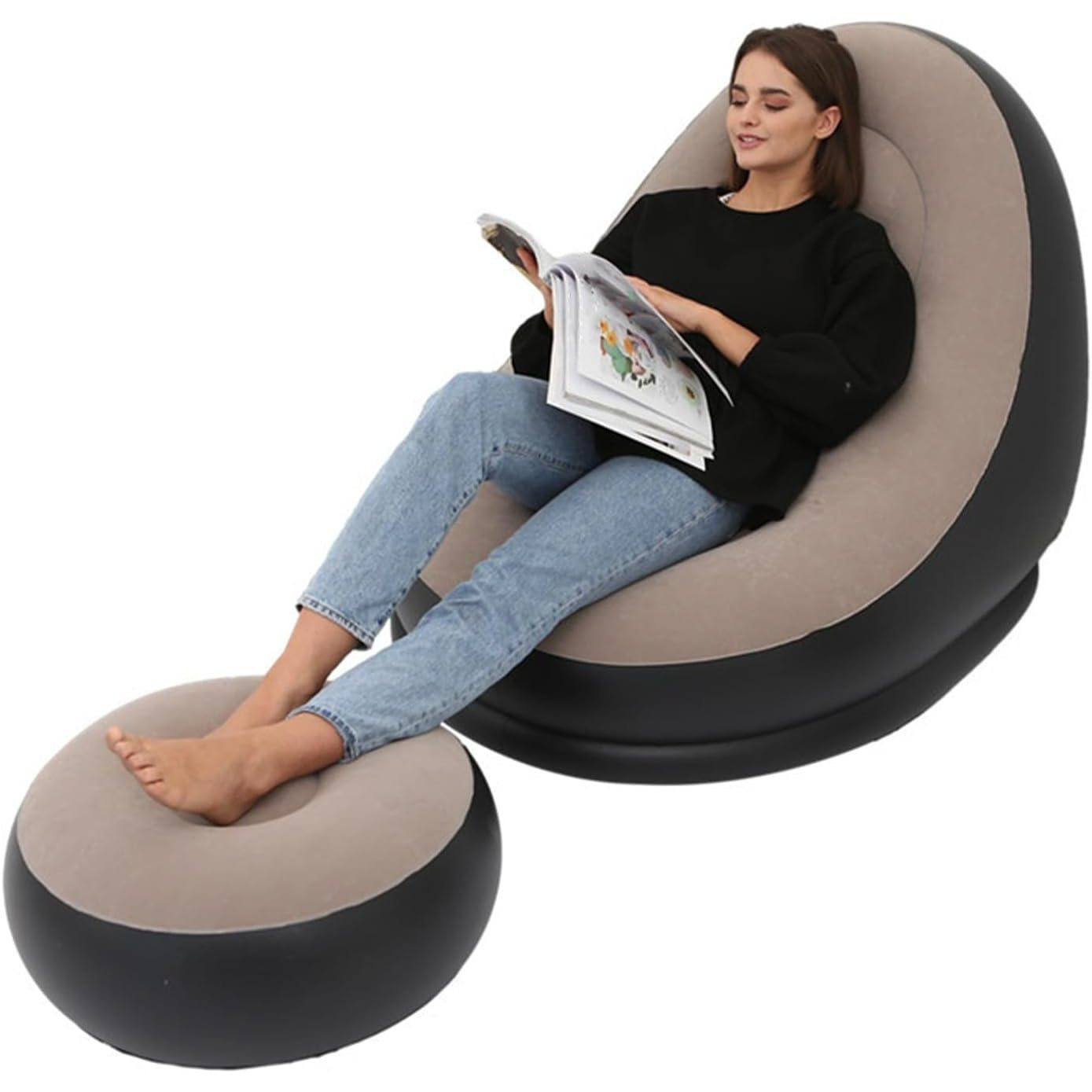 Cecaro Group Inflatable Air Chaise Lounge Chair With Pouf For Camping Games, , And Garden Parties - (coffee)