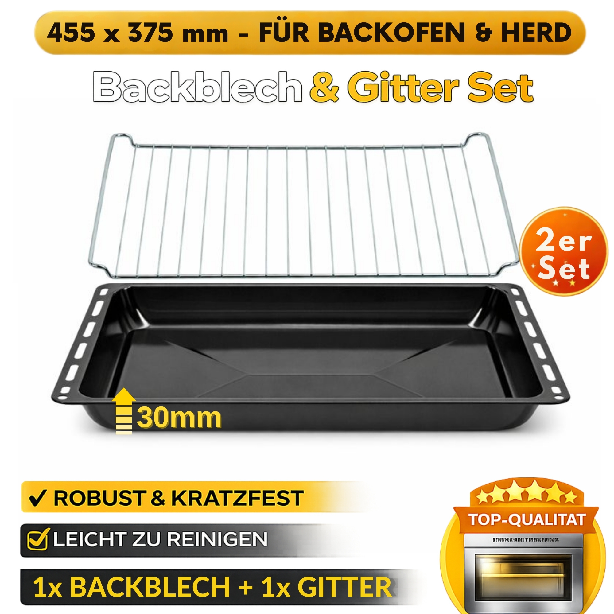 Universal Baking Sheet / Frying Pan 455 × 375 Mm - Enamelled, And Scratch-resistant, Easy To Clean - 30 Mm Or 60 Mm - 1/2 Set