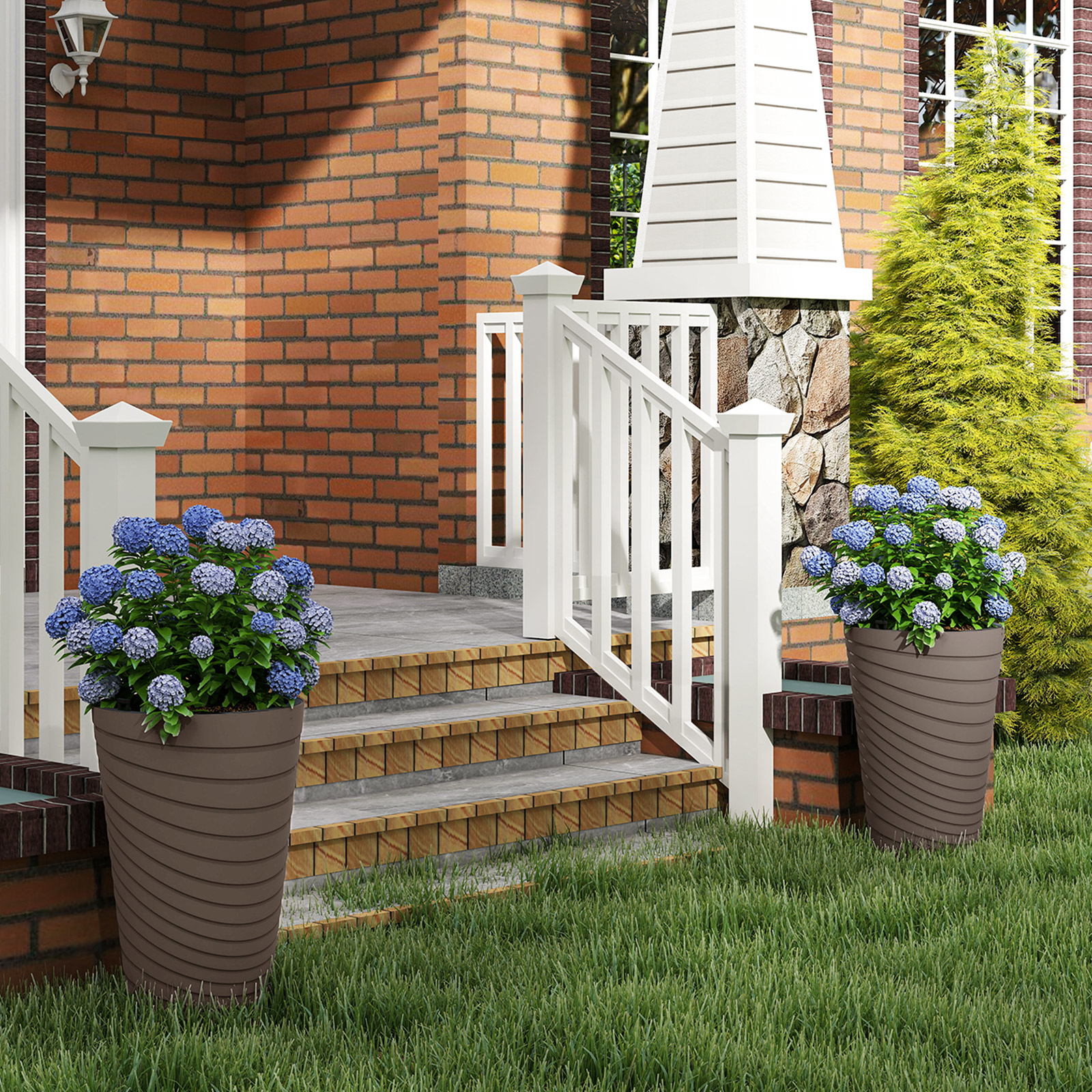 Image of Tall Flower Pot Set Of 2, Modern Decorative Planter Pots W/ Insert Bucket, , Drainage Holes, Round Spiral Textured Flower Pots For Outdoor, Indoor, Garden, Patio, Front Porch