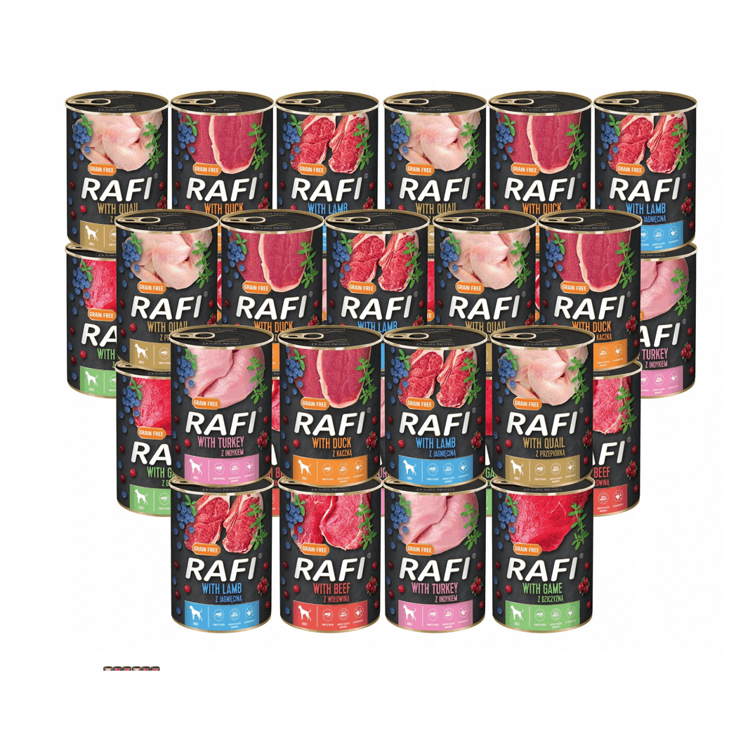 Noteci Rafi Adult Grain-free Food 32x400g Mix Flavors – Complete Meal For Adult Dogs, 400g Cans, Multi-flavor Assortment, High Meat Content, Daily Nutrition For All Dog Breeds, Large Pack