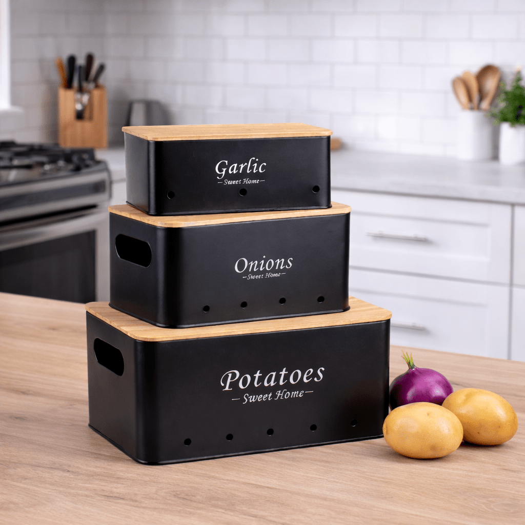 Storage Container Potato Pot 3pcs Set, Potato Storage Box, With Ventilation Holes, For Potatoes, Vintage Design Pot, Onion, Garlic Storage Kitchen