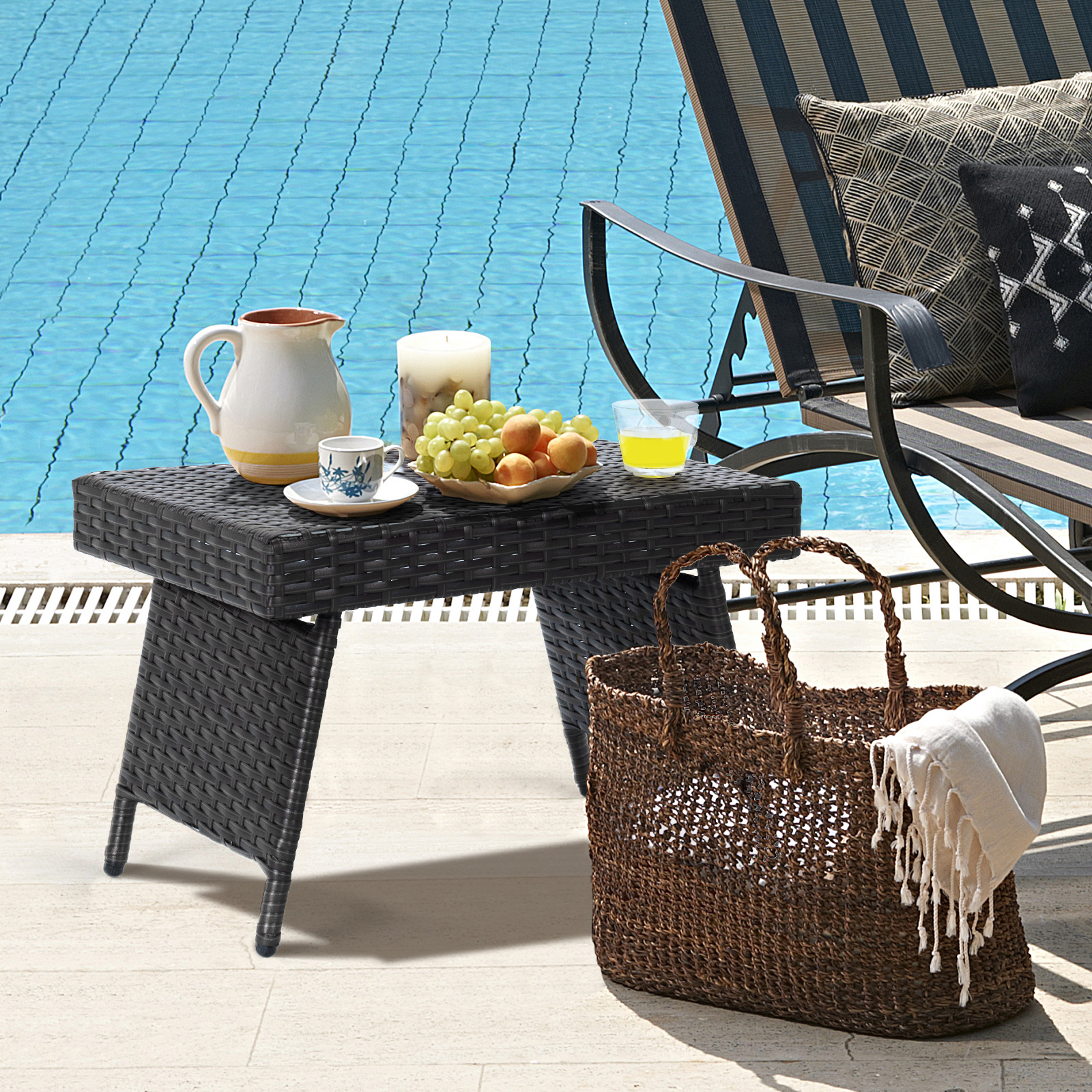 Image of Patio Wicker Folding Coffee Table, Outdoor Wicker Side Table W/ Pvc Board & Sturdy , Anti-slip Footpads, Perfect For Poolside, Backyard, Balcony, Garden, Space- Design