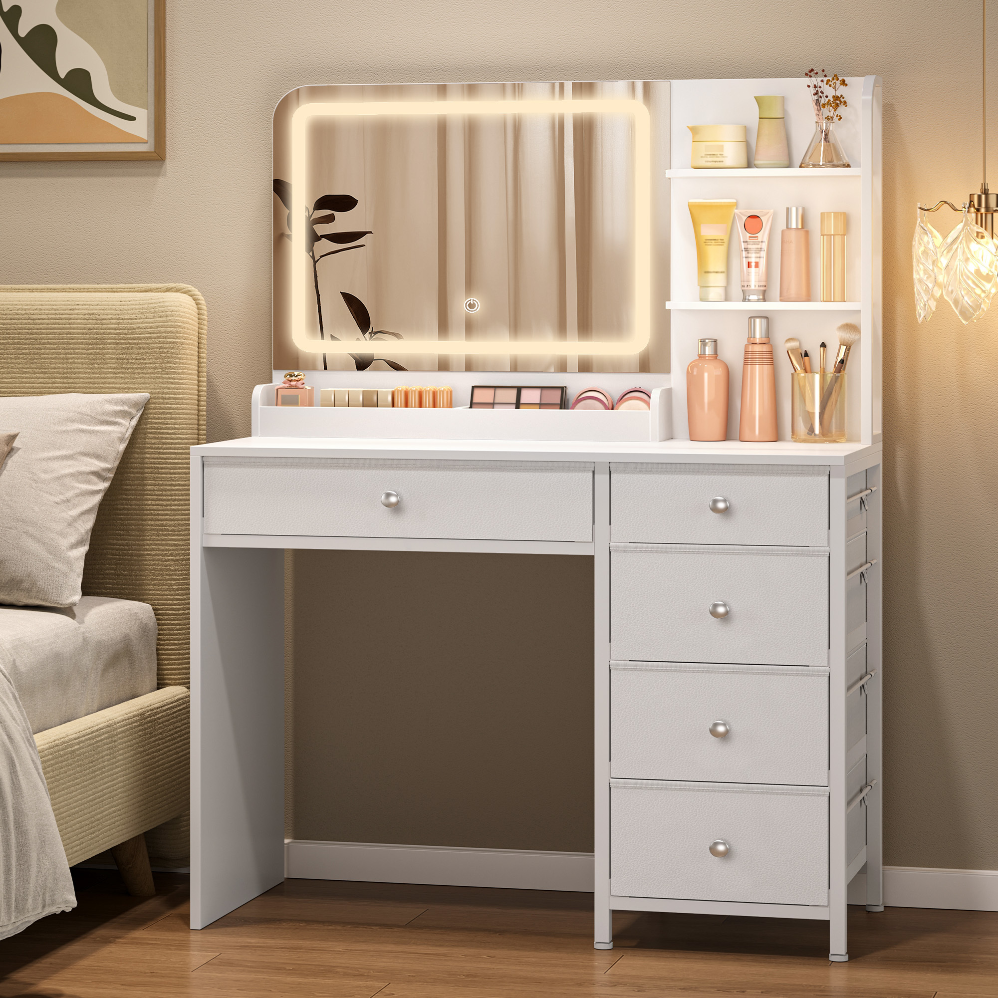 TEMU Coiffeuse avec éclairage LED, Coiffeuse avec Grand HD, 5 Tiroirs et 2 étagères de Rangement, pour Une Chambre, Blanc