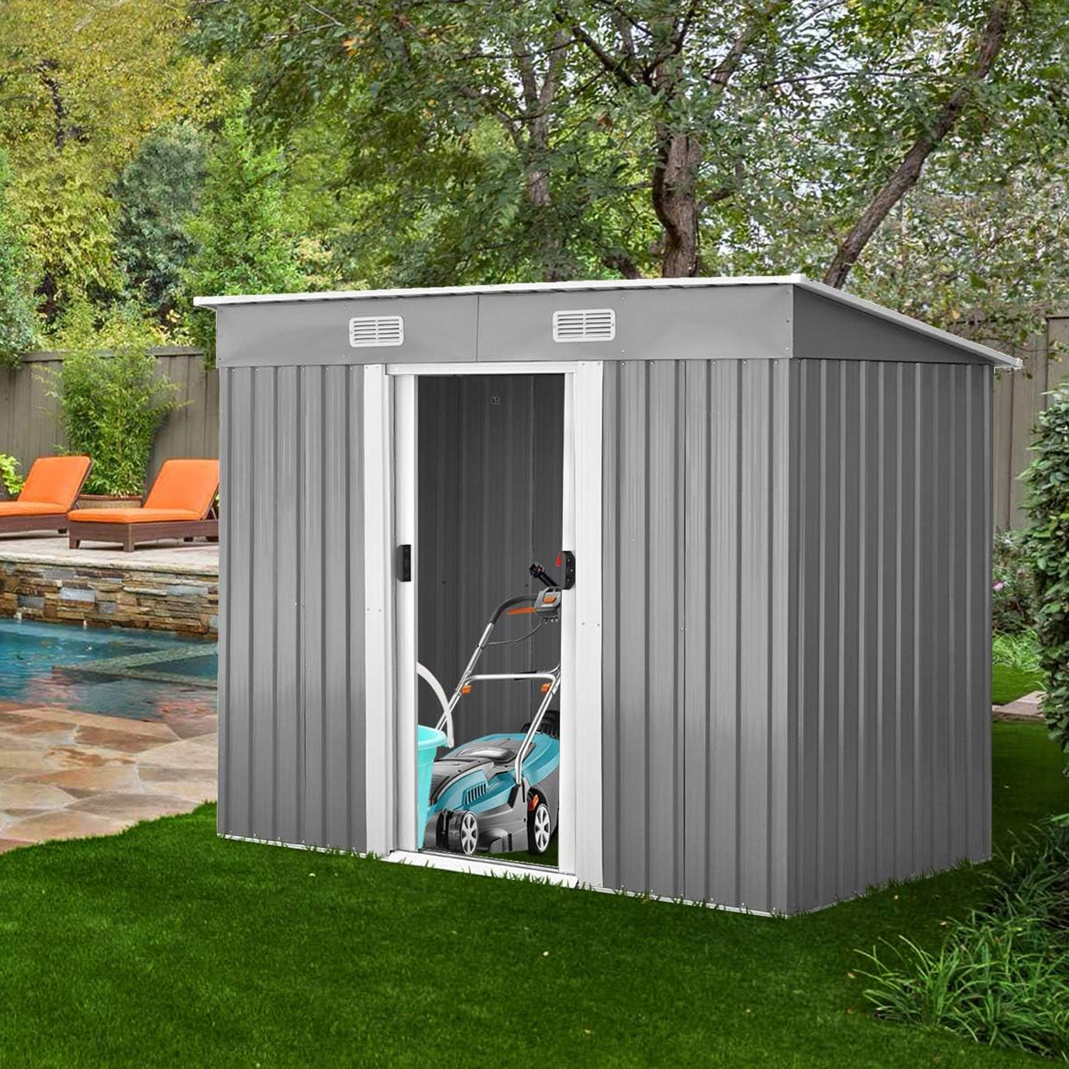 Metal Tool Shed, Garden Shed With 2 Sliding Doors, Outdoor Tool Shed, Garden Shed Without Foundation, Gray And White