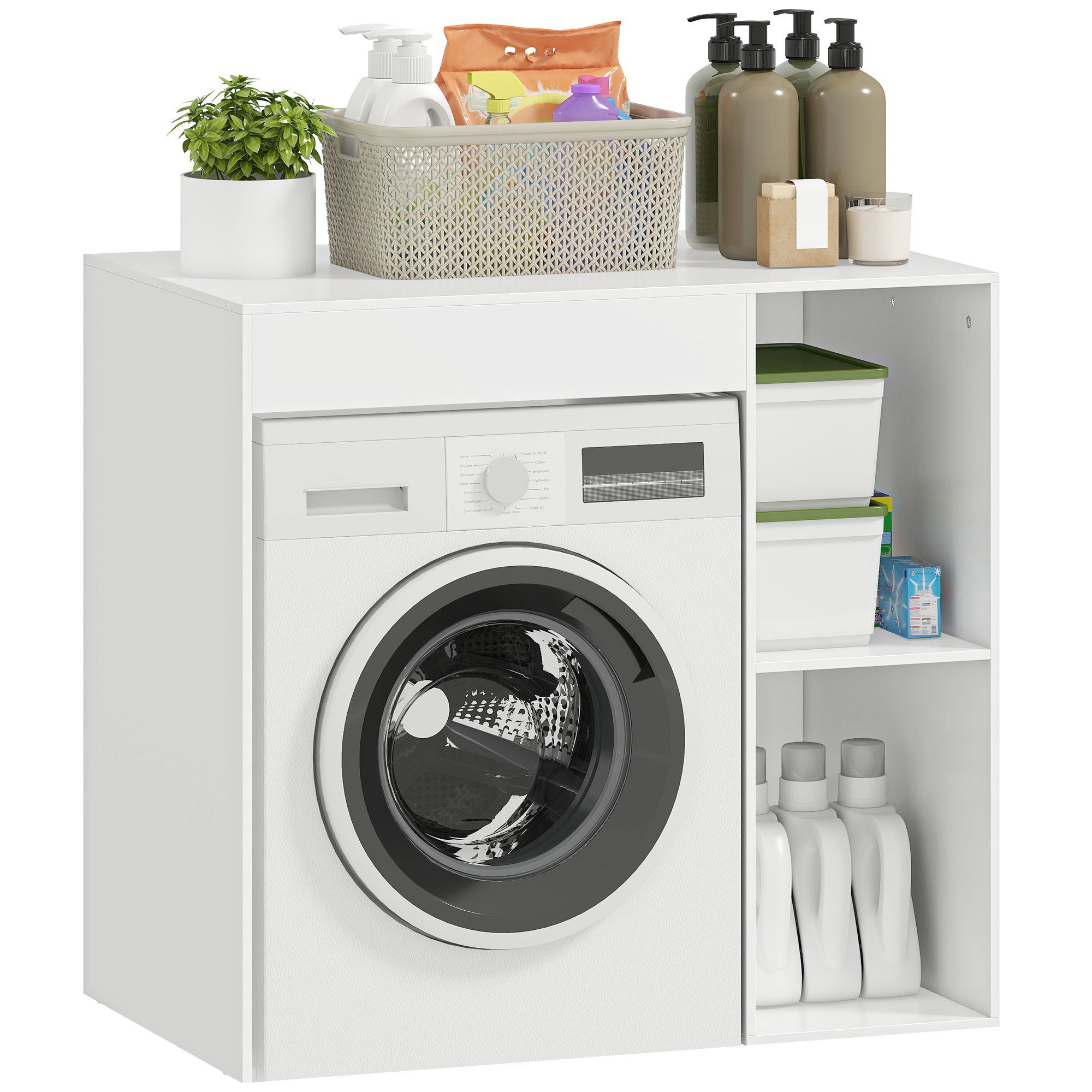 TEMU Meuble machine à laver, armoire machine a laver et sèche-linge avec 2 compartiments et large plateau, meuble de salle de bain et buanderie, 96 x