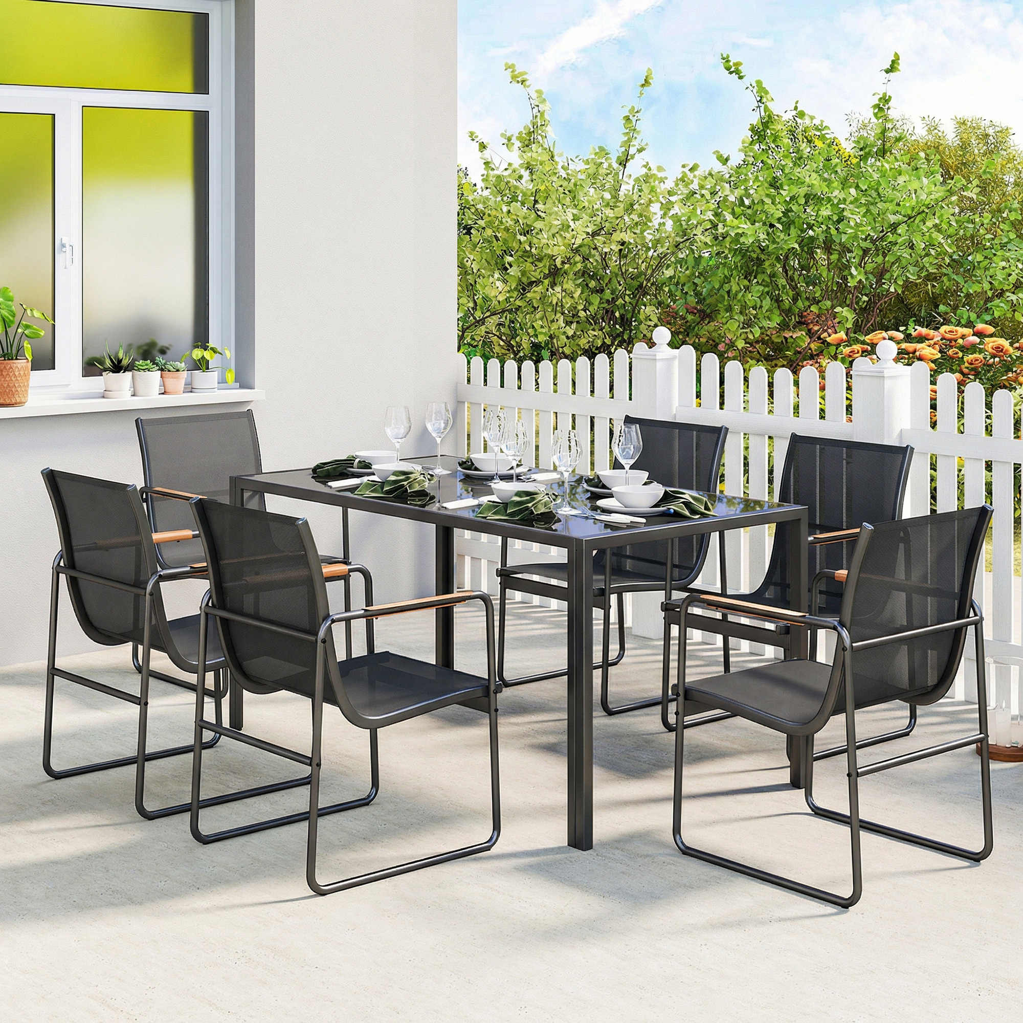 Garden Furniture Set Seating Group 150 X 80cm Glass Table With 6 Breathable Chairs Decorative Armrests, Weather-resistant Dining Set Garden Set Garden Furniture For Garden Balcony Terrace Black