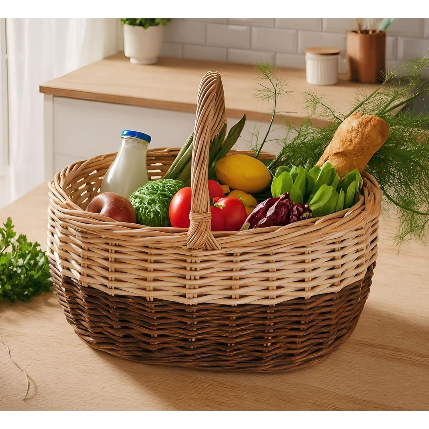 " Large Wicker Shopping Basket With Handles, Woven Basket, Picnic Basket
