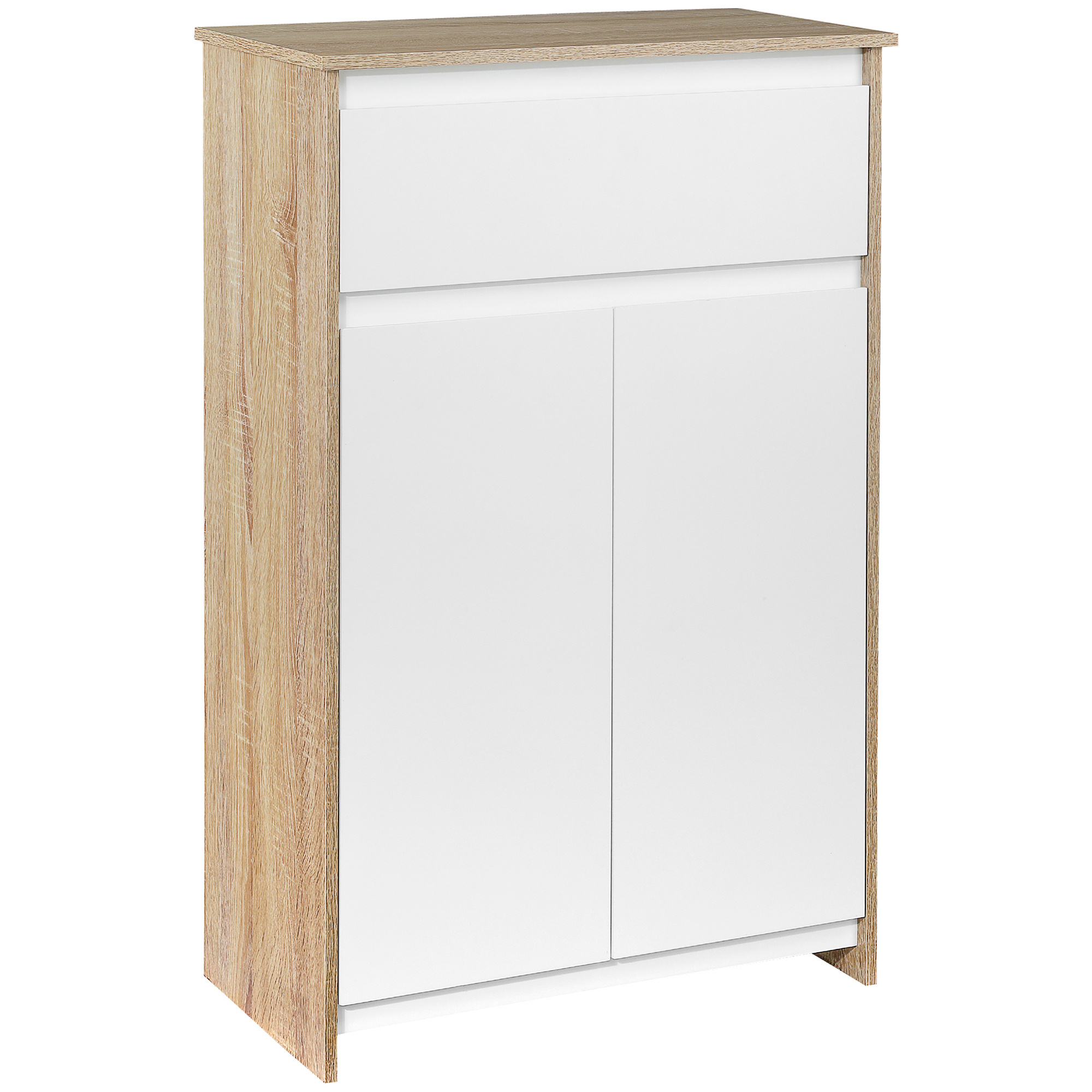 Image of Bathroom Furniture, Storage Furniture With Drawer And Double Door Cabinet, , Bathroom Cabinet, Living Room, Bedroom, 60 X 30 X 90 Cm, White And Natural Wood Effect.