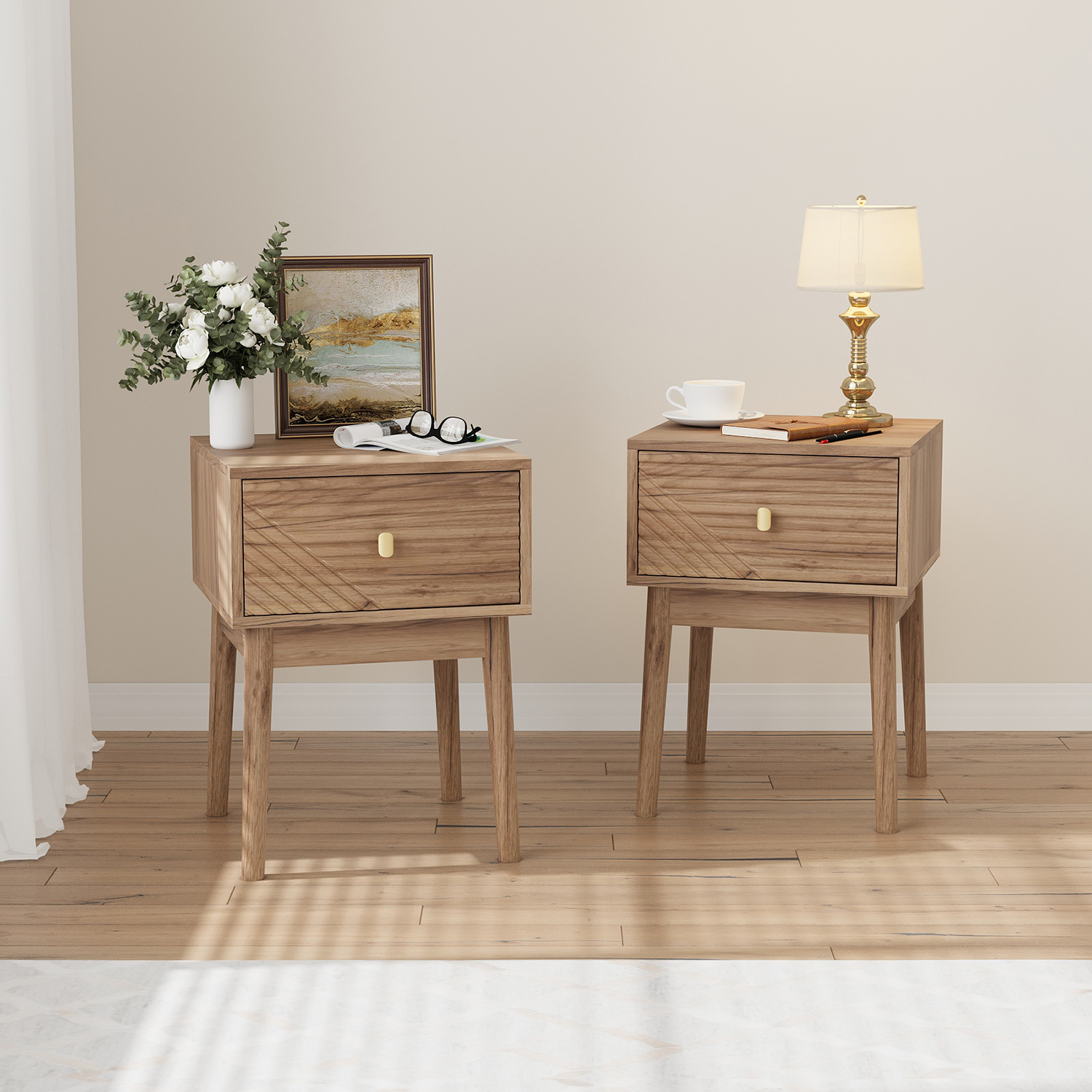 Medieval Style Bedside Table, Bedroom Nightstand With Metal Handle, 40 X 40 X 55 Cm, 2-piece Set, Oak Color