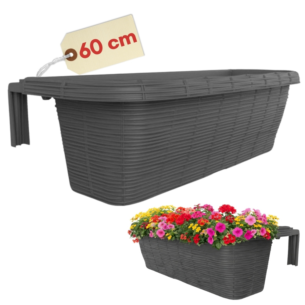 Image of Balcony Flower Box With Bracket, Planter Box For Balcony Railing, Rattan-look Balcony Planter With Water Reservoir, White, 60