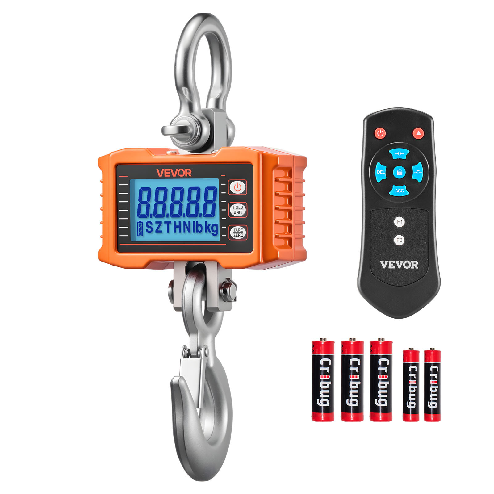 Vevor Digital Crane Scale, 4400 Lbs/2000 Kg , Heavy Duty Industrial Hanging Scale With Cast Aluminum Case & Lcd Display, 500 G Division & 3 Unit Switch, Remote Control For