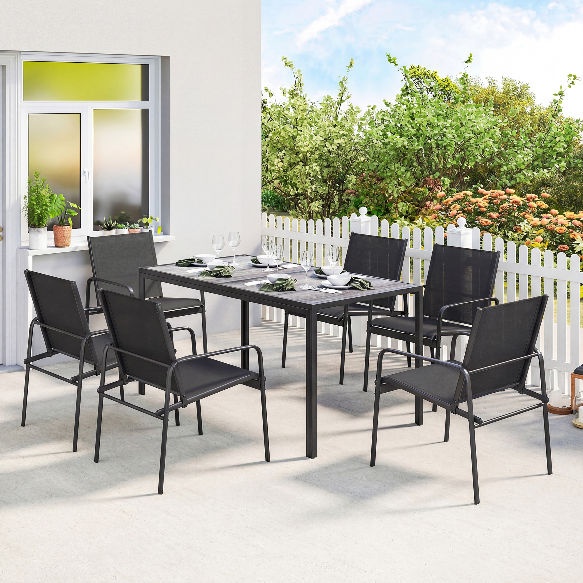 Garden Furniture Set Seating Group 150 X 80cm Table With 6 Breathable Chairs Wood Optic Steel Frame, Weather-resistant Dining Set Garden Set Garden Furniture For Garden Balcony Terrace Black