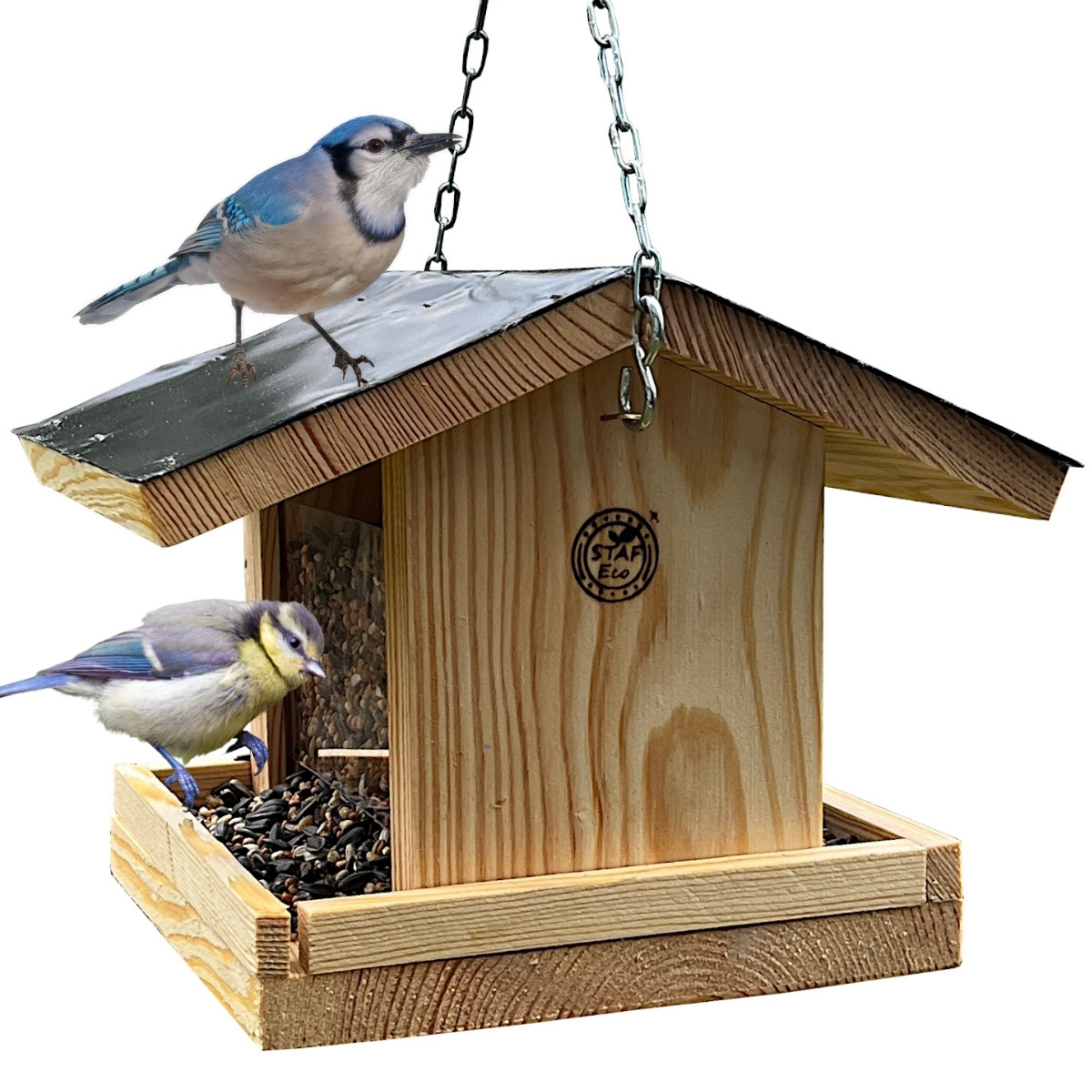 Image of Wooden Bird Feeder With Chain, Impregnated, Sturdy, Feeding House, Decoration For , For Garden And Balcony