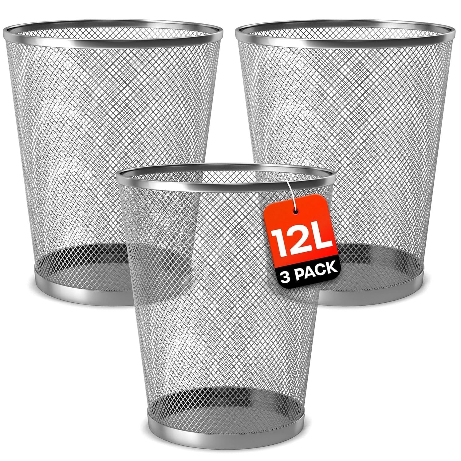 TEMU Waste Paper Bin - 12l Colored Metal Office Bin For Office, Bedroom, Living Room Or Kitchen Use (3 Pack)