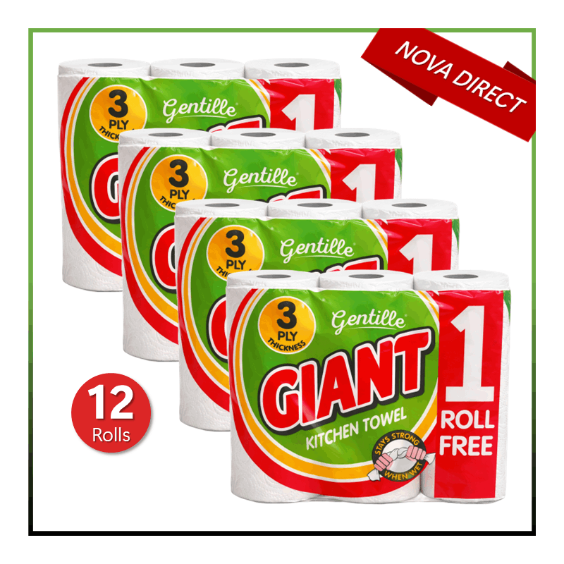   giant 3 ply thickness paper towel extra strong absorbent tough durable kitchen roll multipurpose bulk pack 12
