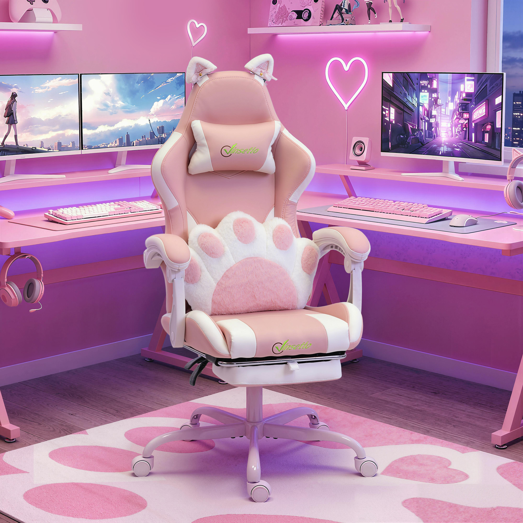 Gaming Chair Office Chair Ergonomic Gamer Chair With Footrest, Headrest And Lumbar Support, Height-adjustable With High Backrest, Cat Ear Computer Chair Artificial Leather, Pink