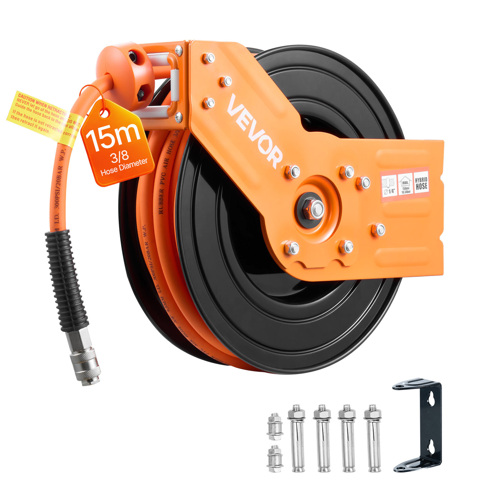 Image of Vevor Retractable Air Hose Reel, 15m X 9.5mm Hose Max 300psi, Auto Air-compressor Hoses Reel With 1.52 M Lead In, 180° Swivel Ceiling/wall Mount For Garage