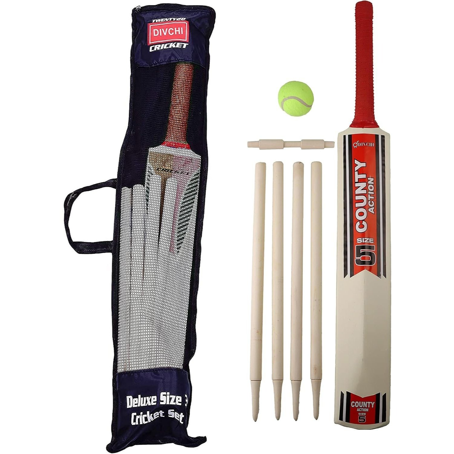 Kids Cricket Set with Rubber Grip Wooden Bat, 4 Stumps & Soft Ball