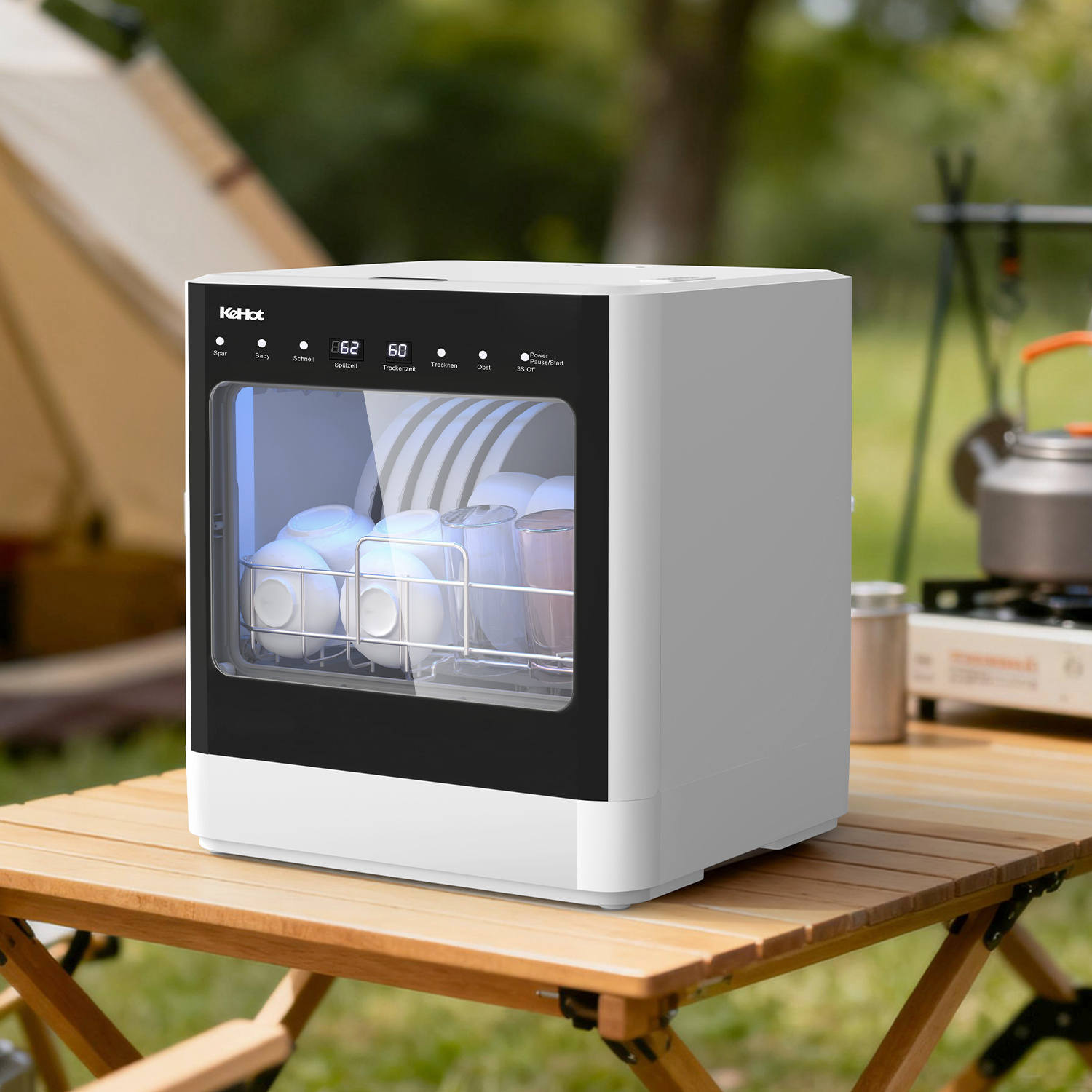 E-shop Mini Geschirrspüler, Freistehend Tischgeschirrspüler mit 5 Programme inkl. 360° Sprüharme, Warmlufttrocknung, Touch Control, Babypflege, Früchte