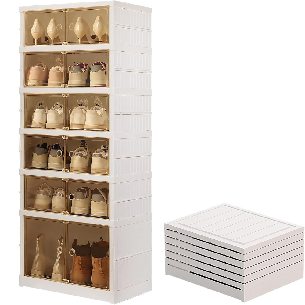TEMU Shoe Rack Folding Space-saving 6-tier For 12 Pairs Of Shoes Stackable Organizer With Transparent Doors Ideal For Boots Too Plastic Shoe Rack No