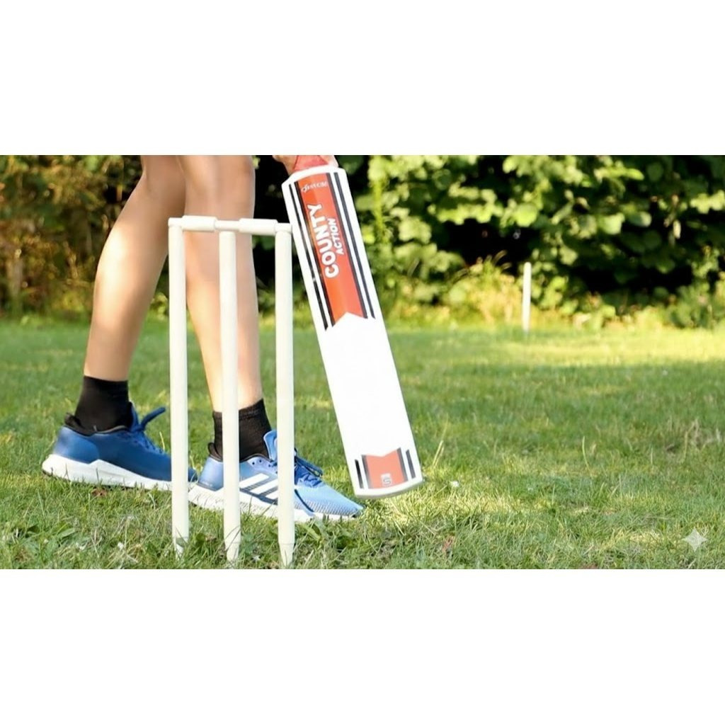 Kids Cricket Set with Rubber Grip Wooden Bat, 4 Stumps & Soft Ball