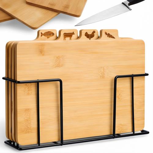 wooden kitchen boards for cutting 4pcs set with metal stand solid and durable boards for vegetables fruits meat natural wood resistant to scratches comfortable handles practical organization order and space ideal for daily cooking suits any kitchen functional set for home and