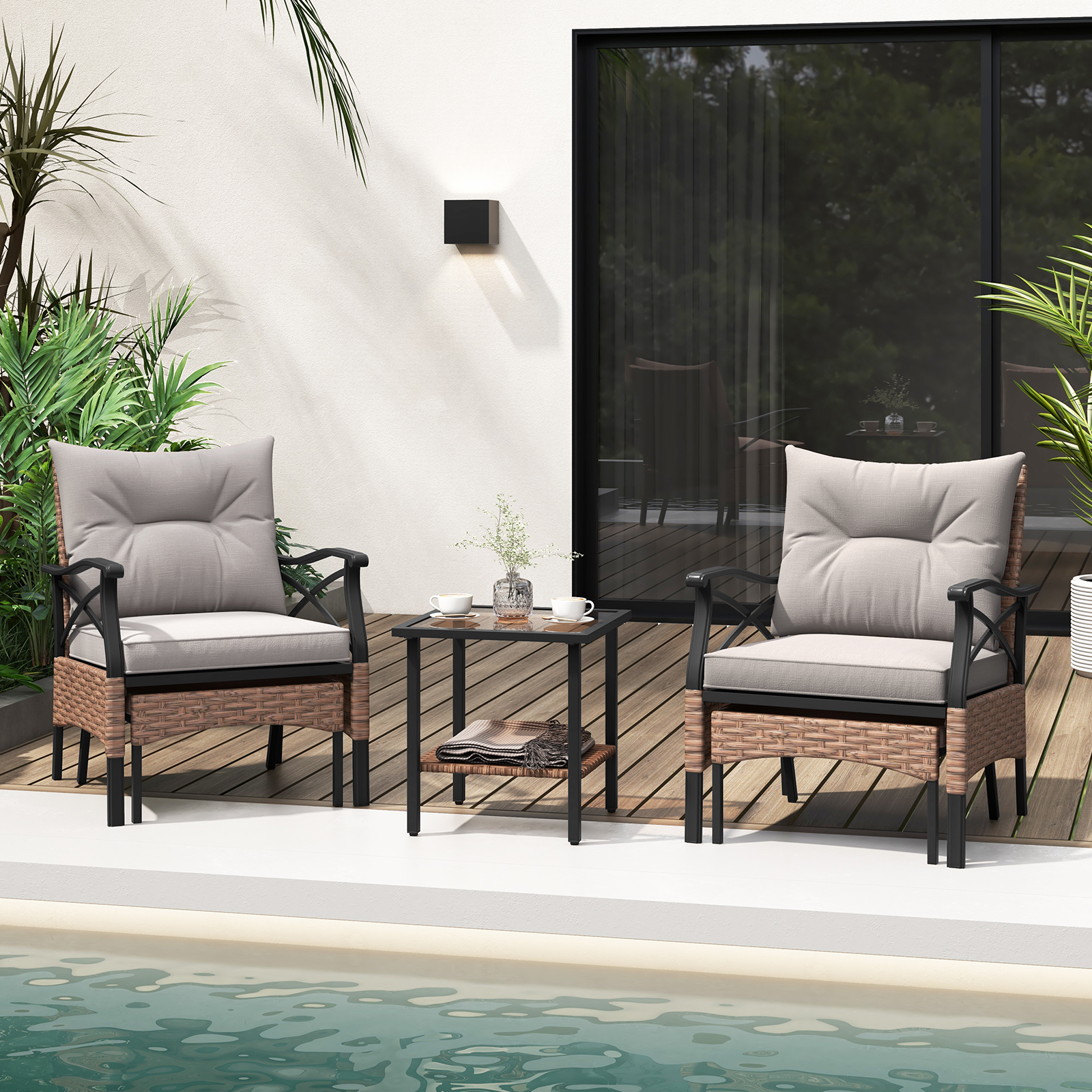 5 Piece Patio Furniture Set, Wicker Armchairs 2-tier Coffee Table And 2 Ottomans, Soft Seat And Back Cushions Included, Rattan Outdoor Chair Set For Backyard