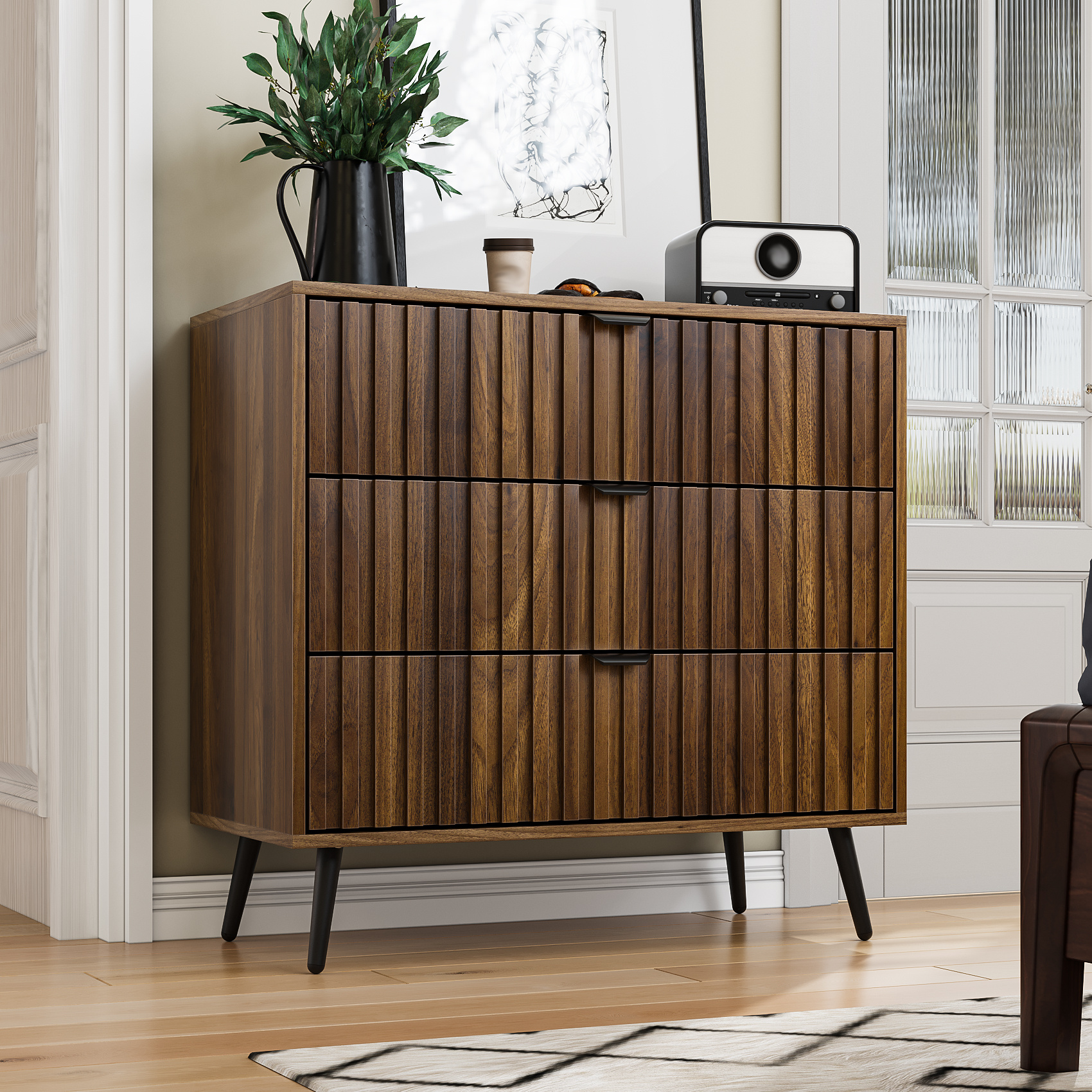 Image of Dresser, Nightstand With 3 Fluted Drawers, Nightstand Dresser, Black Handle, Suitable For Bedroom And Living Room, Walnut