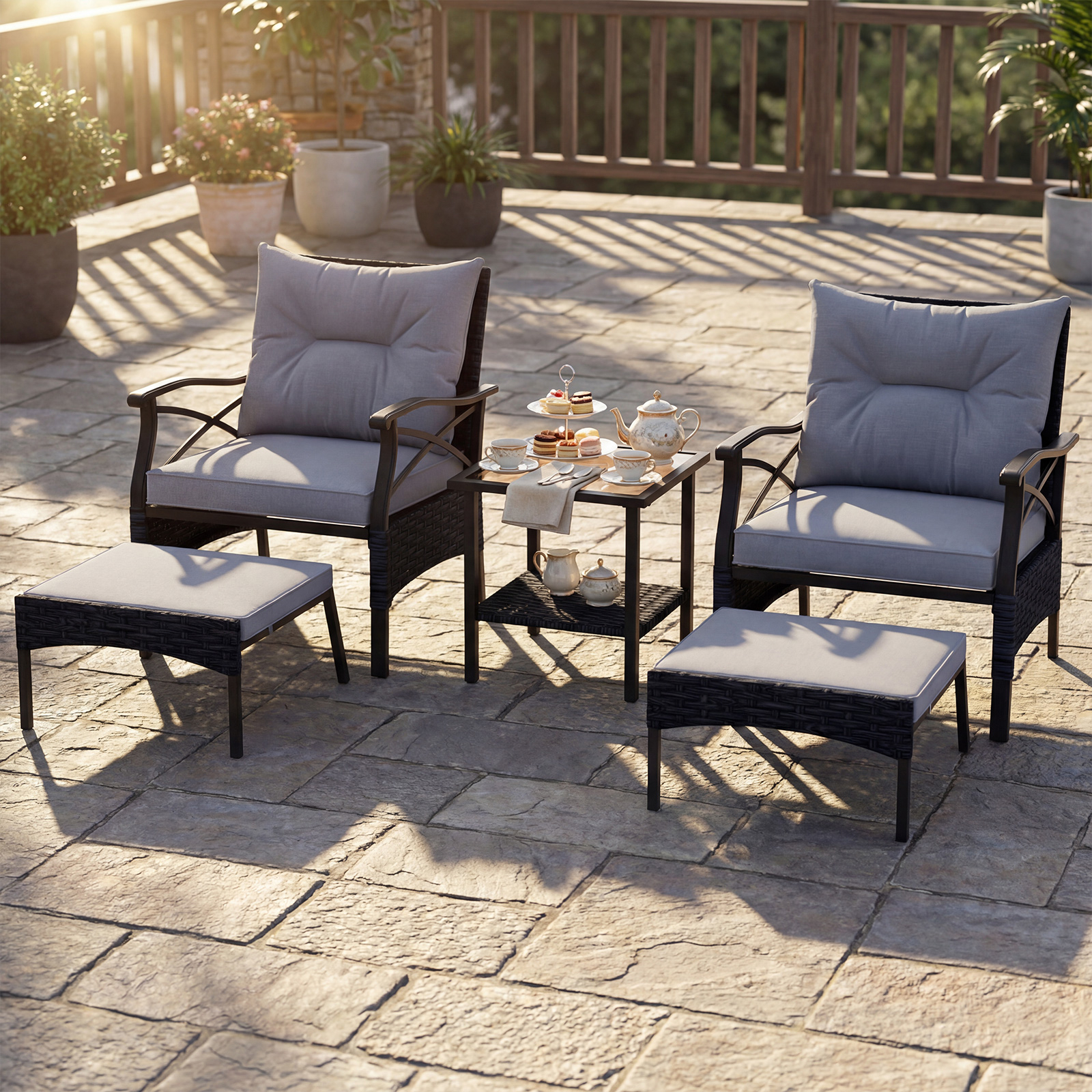 Image of 5 Piece Patio Furniture Set, Wicker Armchairs 2-tier Coffee Table And 2 Ottomans, Soft Seat And Back Cushions Included, Rattan Outdoor Chair Set For Backyard