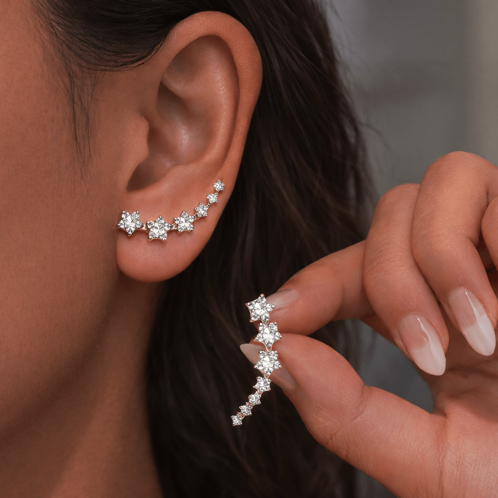 Image of Ladies' 925 Silver-plated Ear Climbers With Zirconia, Elegant Sparkling Flower Curved Stud Earrings 2.6 Cm, Elegant Curved Stud Earrings