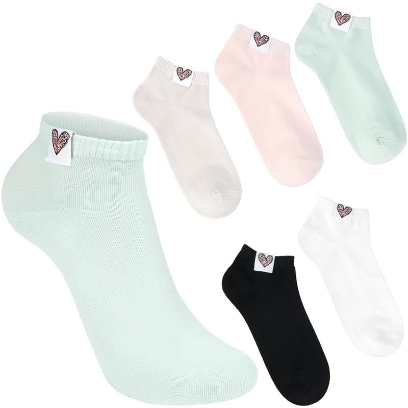 Brubaker 5 Pairs Of Women's Socks - Short With Leopard Pattern Heart - Solid Color Ankle Socks - Sizes 36-41