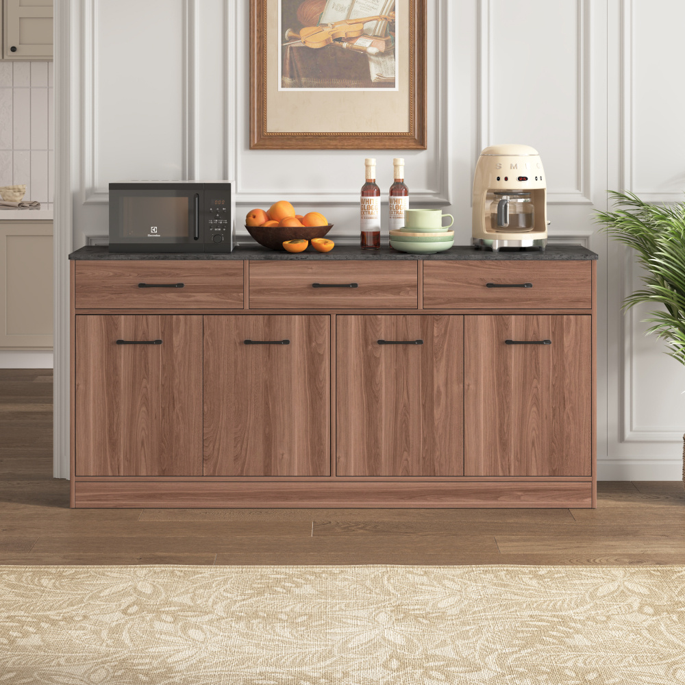 Image of Kitchen Island & Storage Cabinet 160x76.5x37cm, Walnut + Concrete – Low-maintenance Surface, Usable As Buffet & Living Room Cabinet.